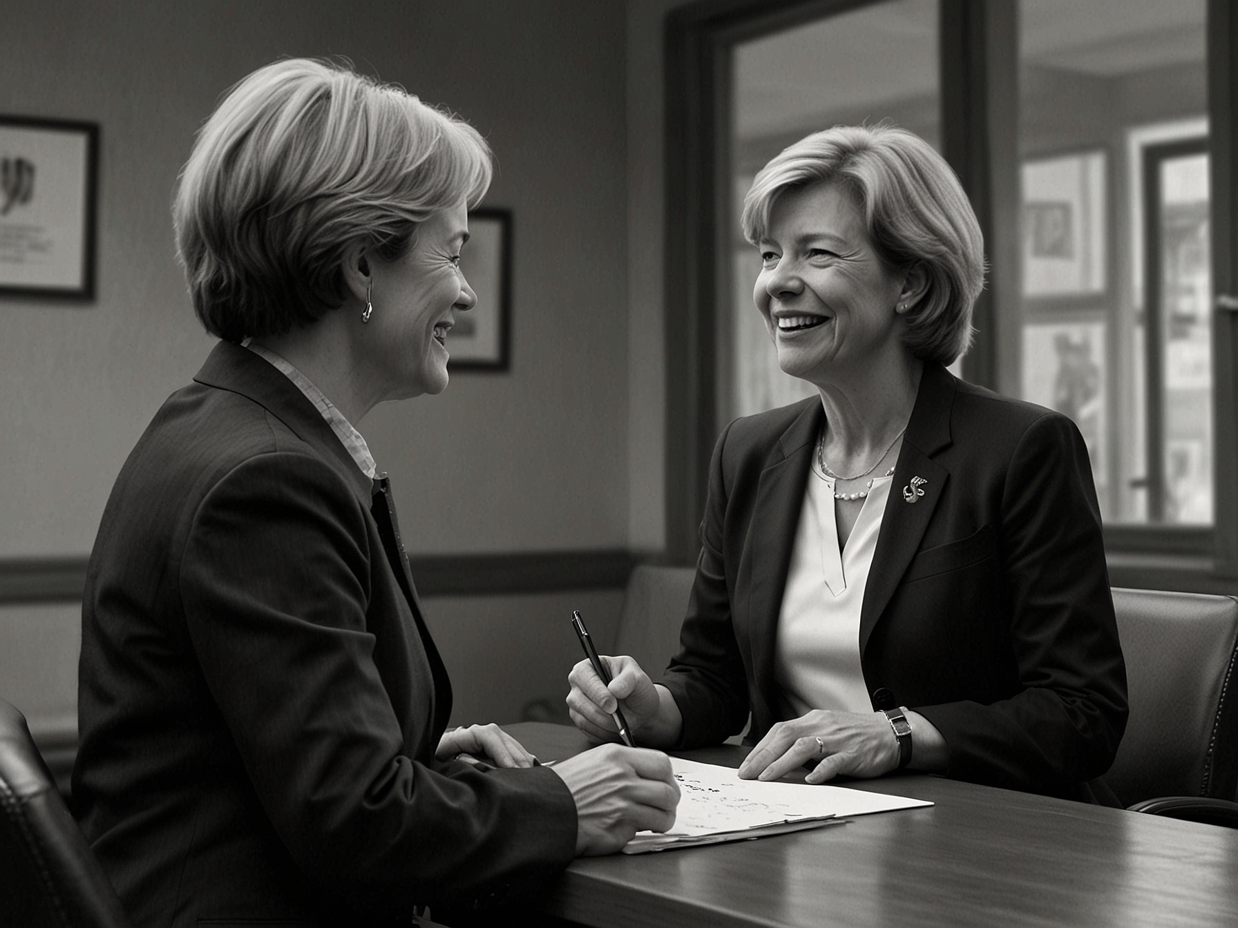 Senator Tammy Baldwin speaks with a healthcare provider during her state tour in Wisconsin, addressing local healthcare concerns and discussing community needs for better medical services.