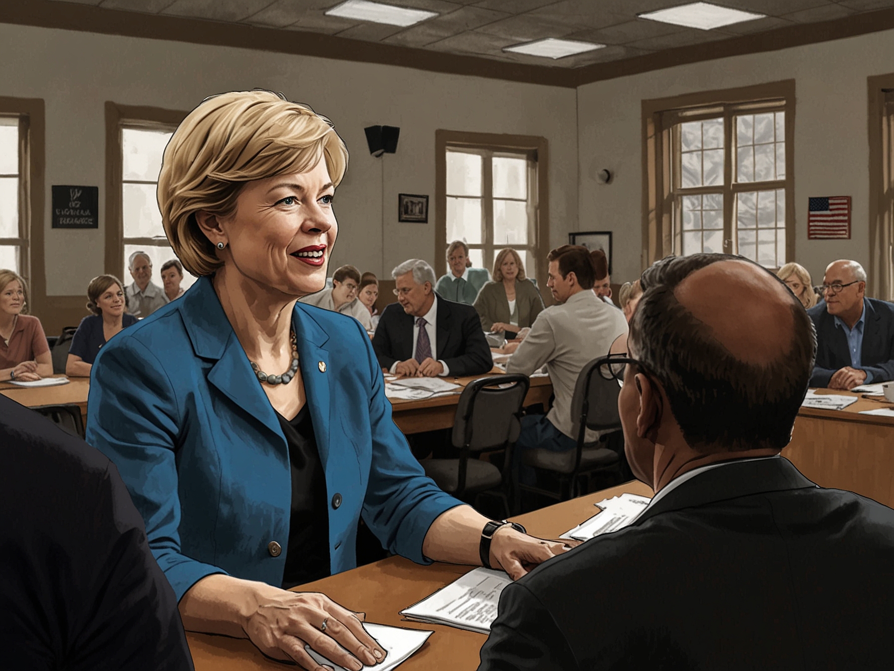 Tammy Baldwin engages with small business owners in a town hall meeting as part of her state tour, emphasizing her commitment to economic development and local constituency issues in Wisconsin.