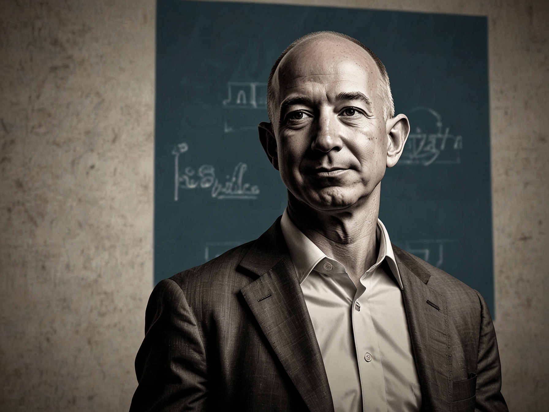 An illustration showing Jeff Bezos in front of an Amazon logo, symbolizing his decision to sell $5 billion worth of Amazon shares as the company's stock hits an all-time high.