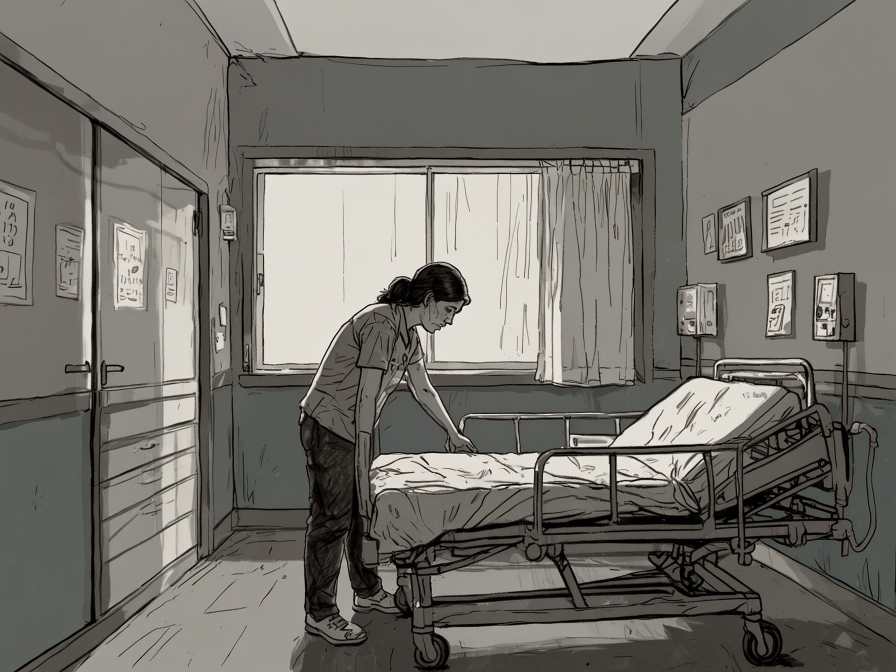 A distraught woman standing next to a hospital bed, holding her husband's hand, showing the emotional toll and resilience as he fights for recovery in the Intensive Care Unit.