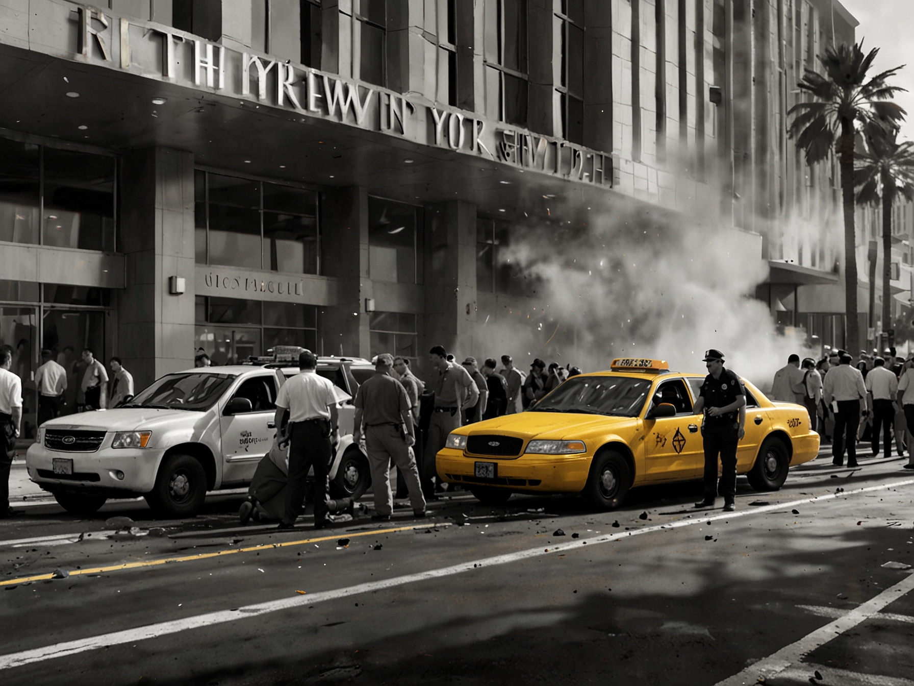 A bustling scene outside the New York New York hotel in Las Vegas, capturing the chaos and emergency response to the taxi crash that critically injured Brad Bognar.