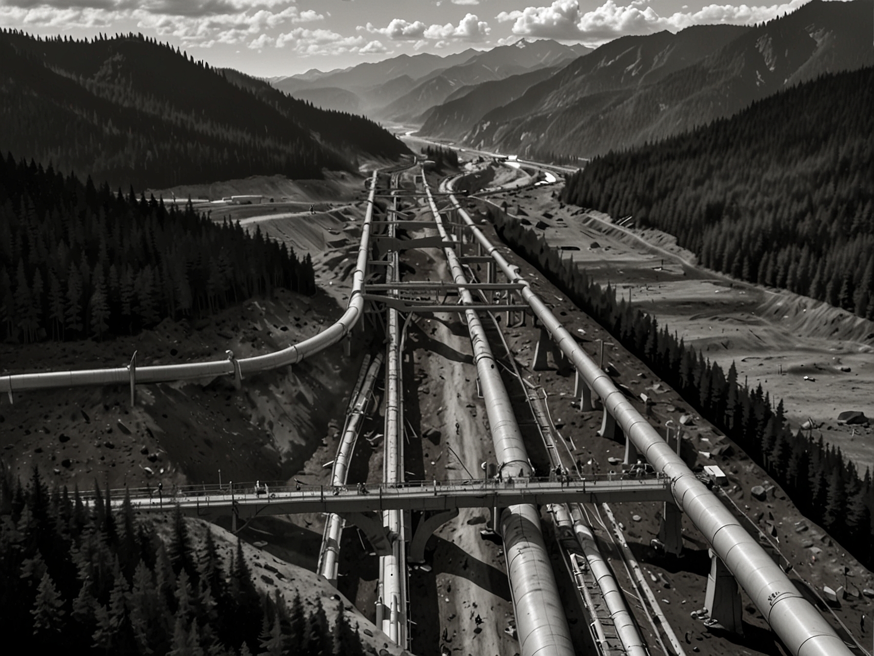 An aerial view of the Trans Mountain oil pipeline cutting through diverse terrains, highlighting the complex logistical challenges faced during its initial month of operation.