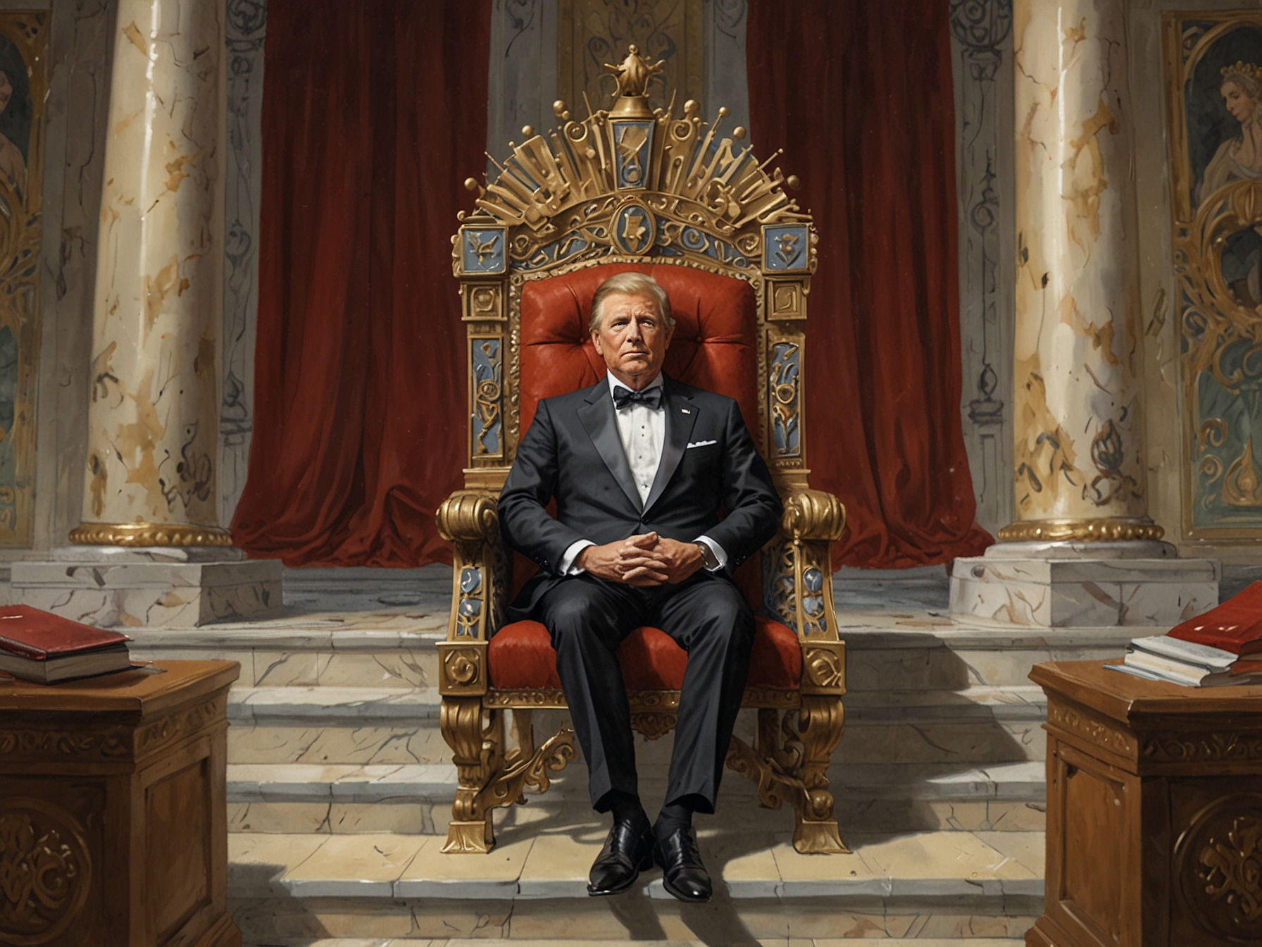 A satirical cartoon by Adam Zyglis depicting the President on a grand throne wearing regal attire and a crown, symbolizing the perceived unchecked expansion of executive power.