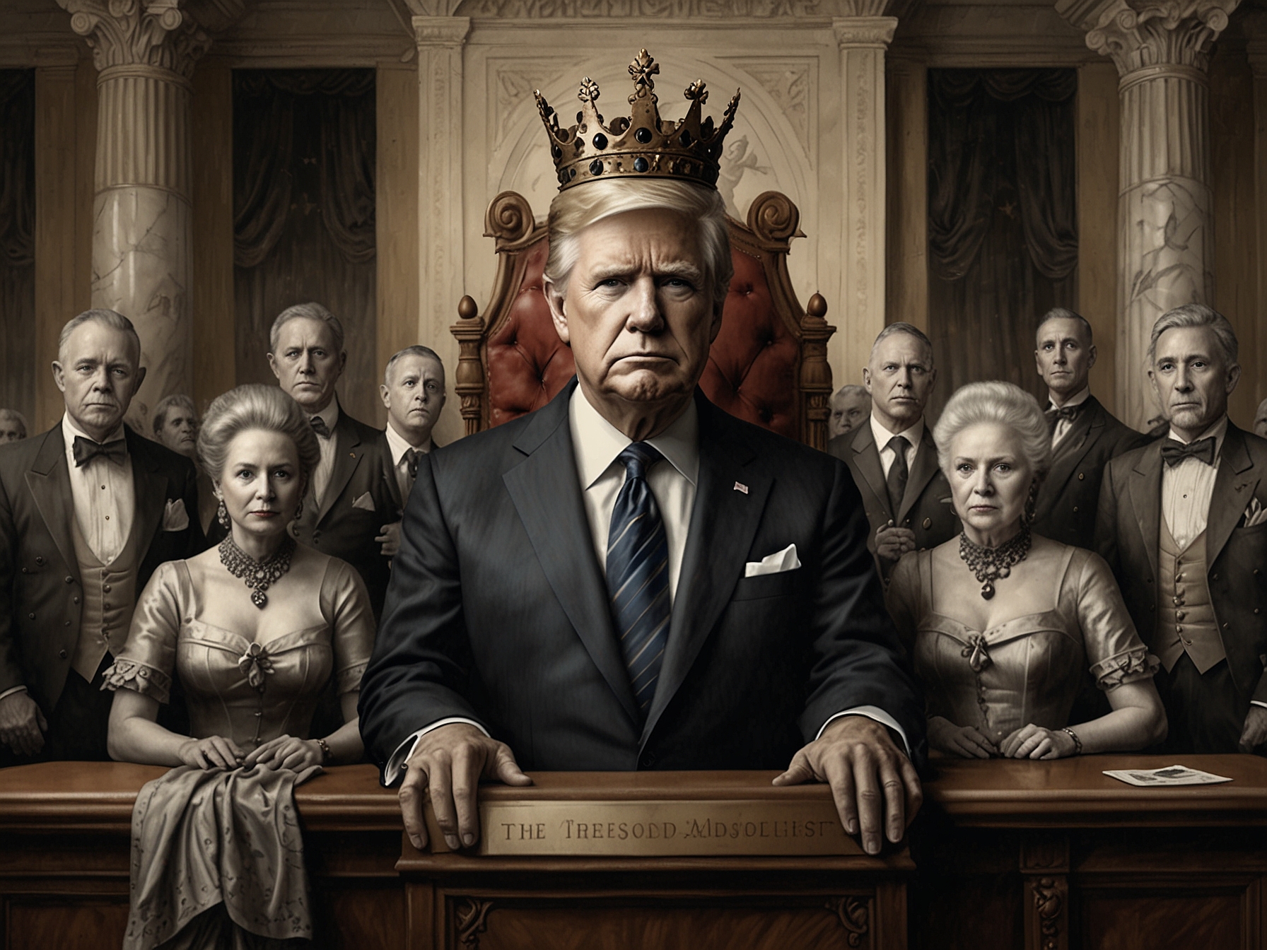 Illustration shows the President portrayed as a monarch, surrounded by court jesters and advisors, highlighting concerns about the erosion of democratic checks and balances under the new ruling.