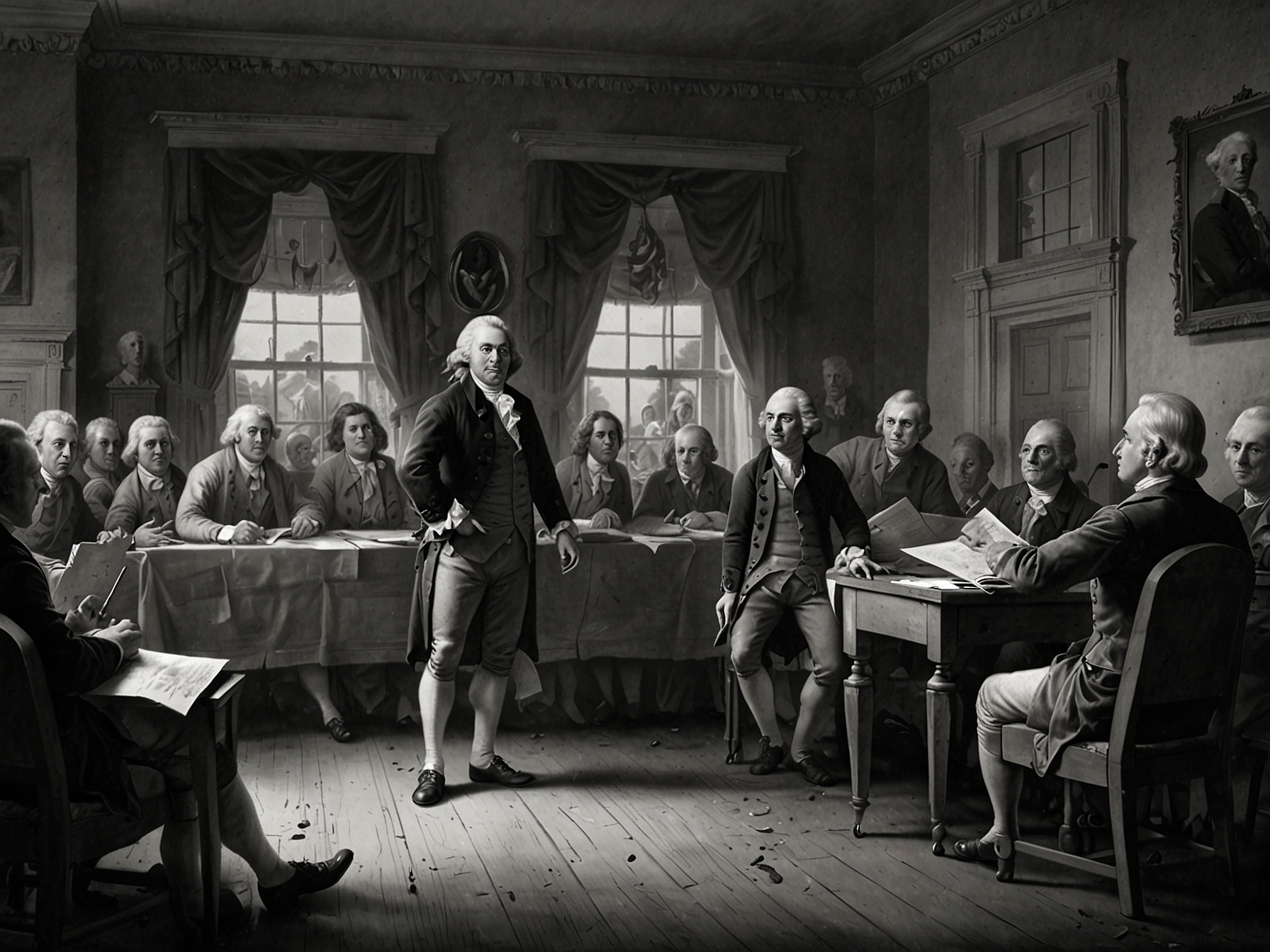An illustration of the Continental Congress voting for independence on July 2, 1776, capturing the moment when the American colonies took a decisive step towards breaking away from British rule.