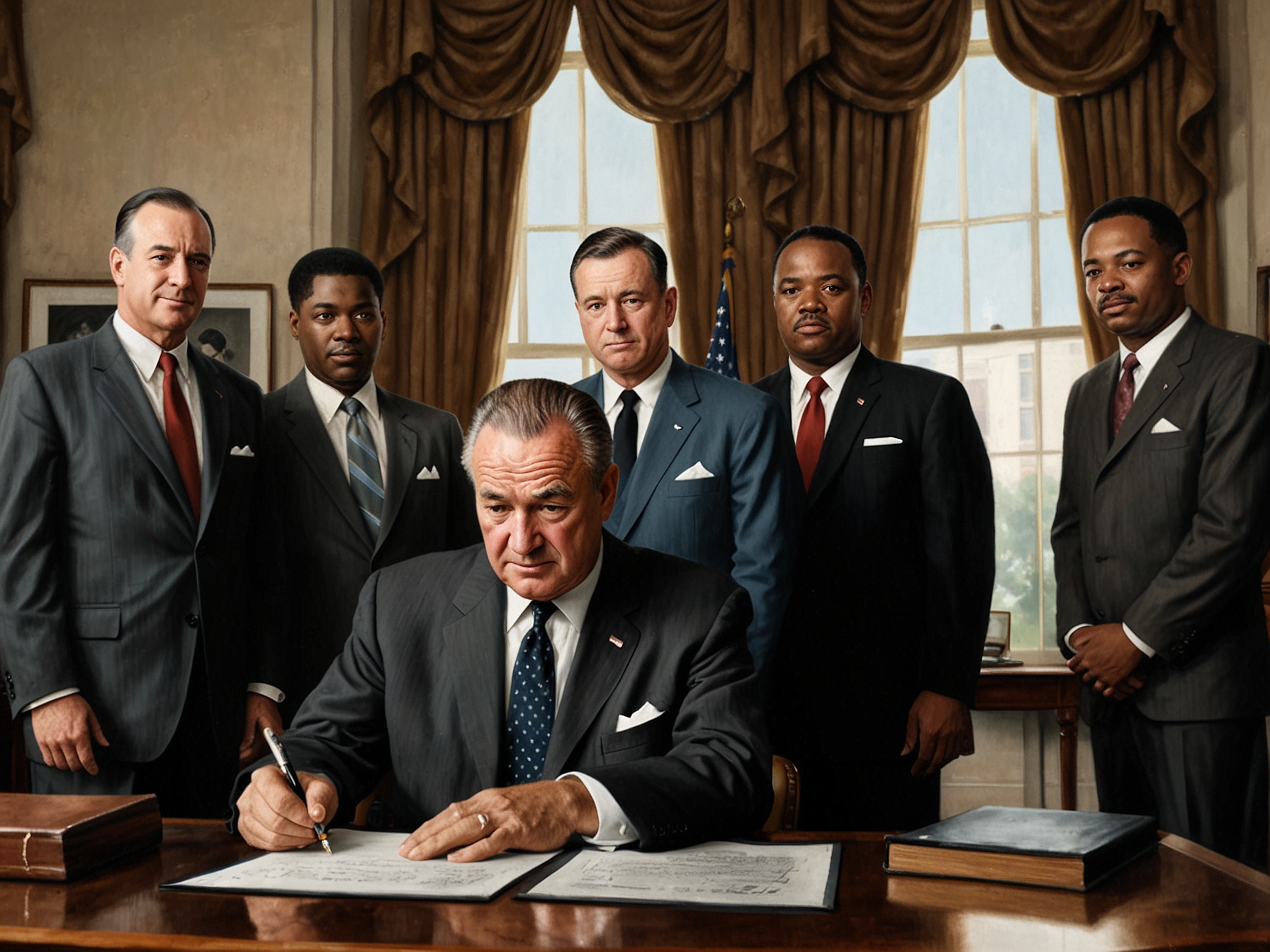 A portrayal of President Lyndon B. Johnson signing the Civil Rights Act of 1964 on July 2, with civil rights leaders like Dr. Martin Luther King Jr. witnessing the historic legislation aimed at ending racial segregation and discrimination.