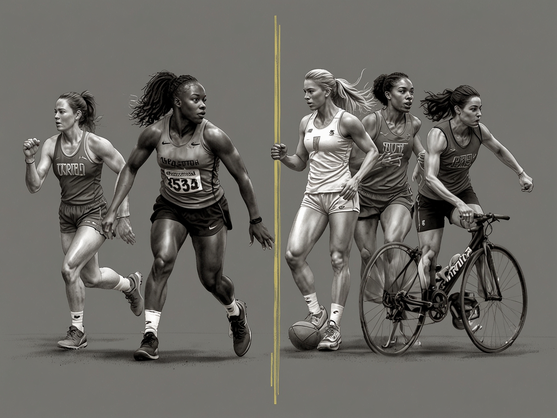 A split image showing transgender athletes on one side and traditional female athletes on the other, symbolizing the ongoing debate about inclusion and fairness in competitive sports.