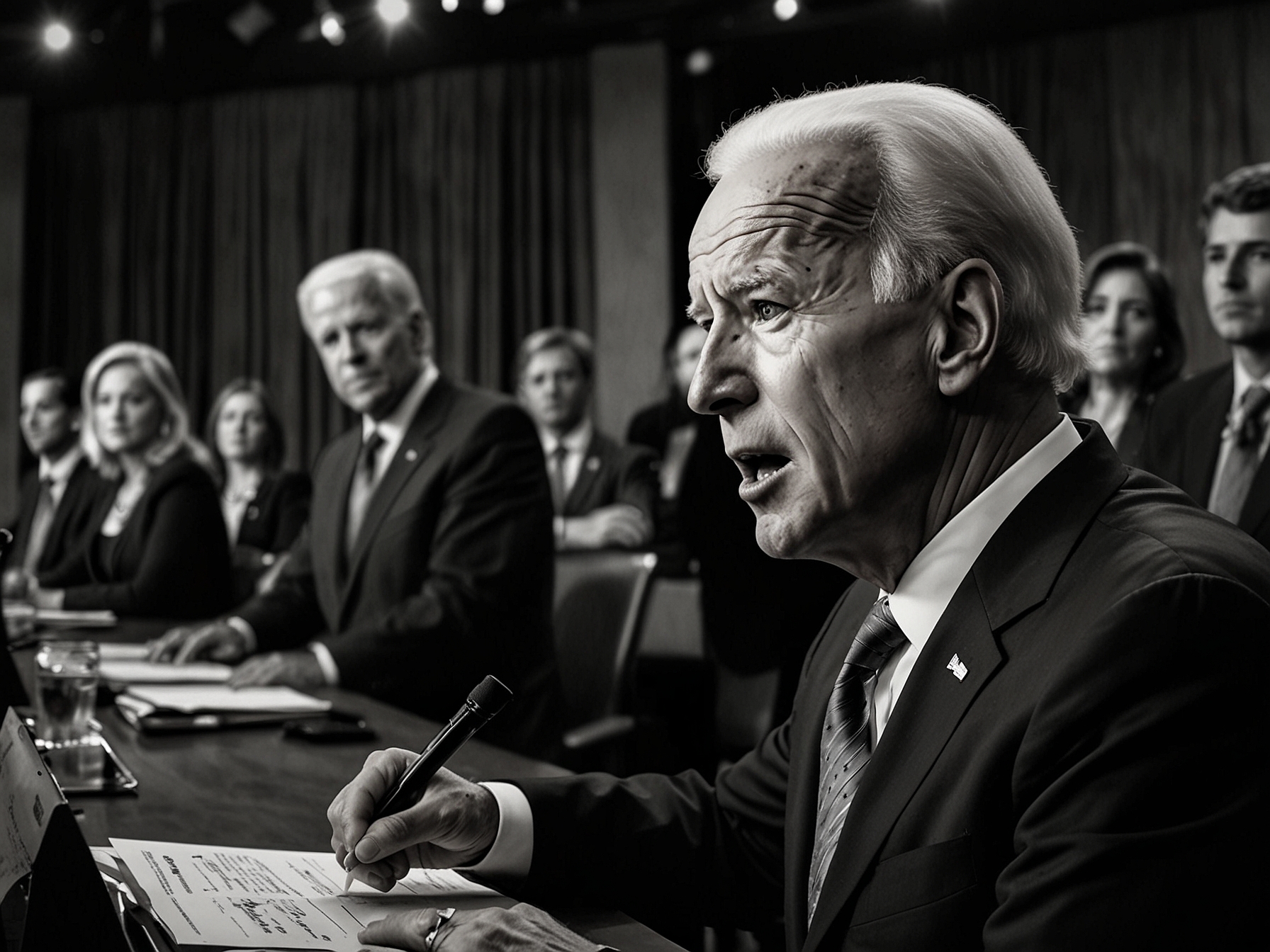 President Joe Biden speaking at a debate stage, looking visibly stressed as other candidates and moderators react, capturing the tension and scrutiny of his performance.