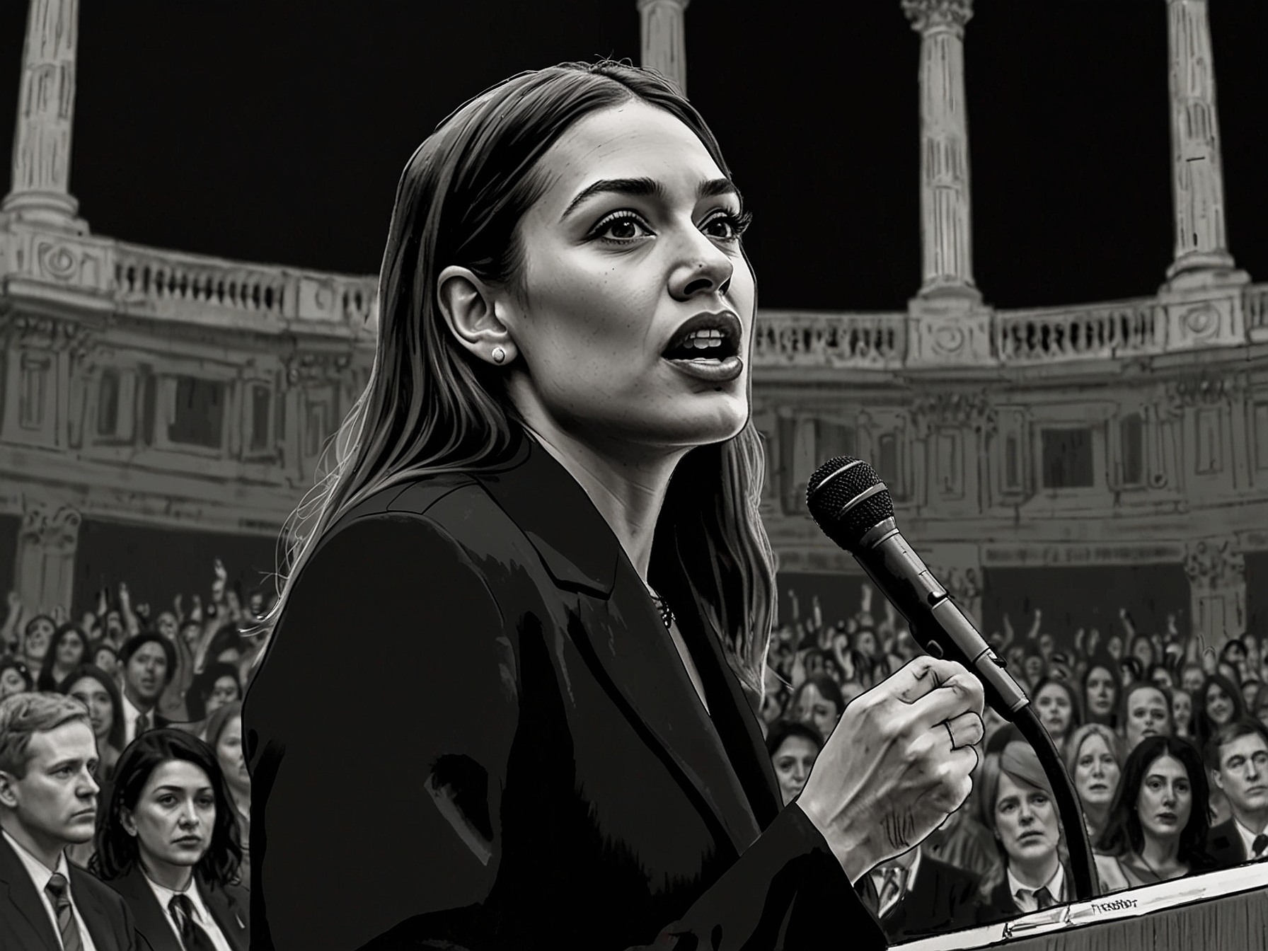 Alexandria Ocasio-Cortez, speaking passionately at a public event, outlines her intentions to file articles of impeachment against the Supreme Court justices to uphold judicial accountability.