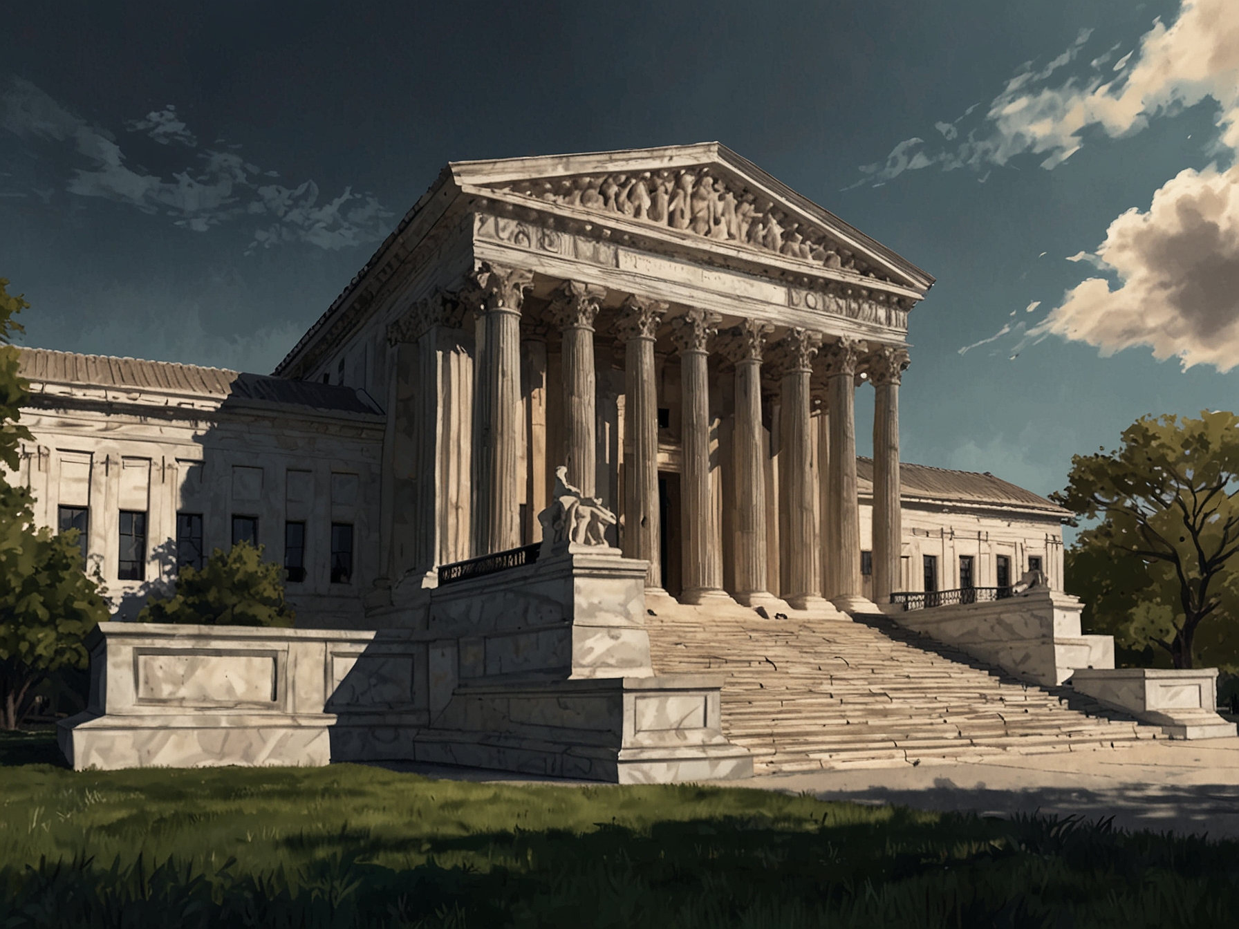 A somber view of the Supreme Court building in Washington D.C., symbolizing the gravity and controversy surrounding AOC's call for impeachment and judicial reform.