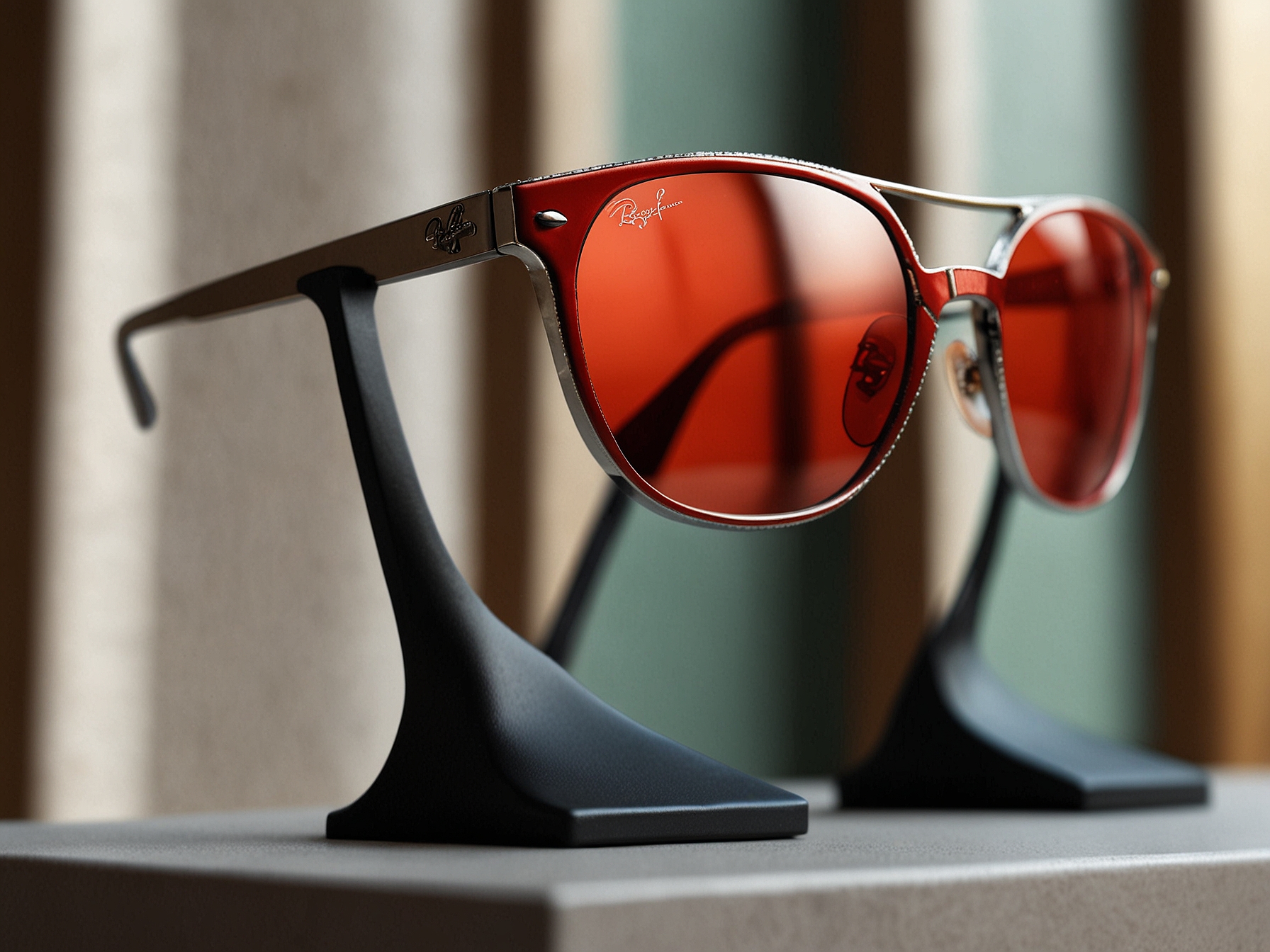 A close-up shot of the Ray-Ban Meta Glasses displayed elegantly on a podium during the Meta Connect event, reflecting their stylish design and blend with technology.