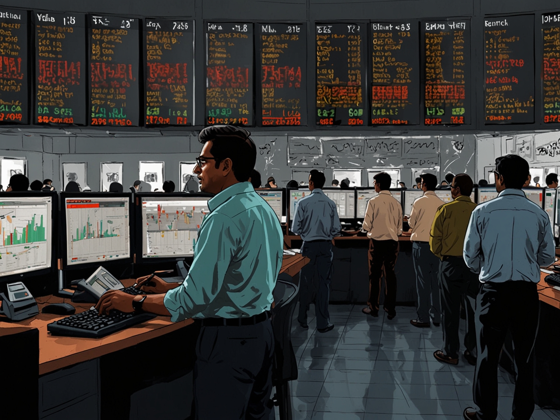 A bustling stock trading floor filled with anxious investors, screens displaying fluctuating stock prices, capturing the essence of market volatility surrounding NBCC India shares.