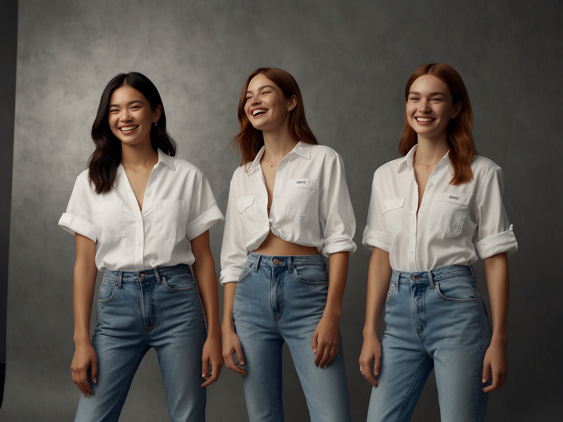 A dynamic behind-the-scenes shot featuring the NewJeans members laughing and interacting during the campaign photoshoot, exuding joy, creativity, and individuality in their Calvin Klein outfits.