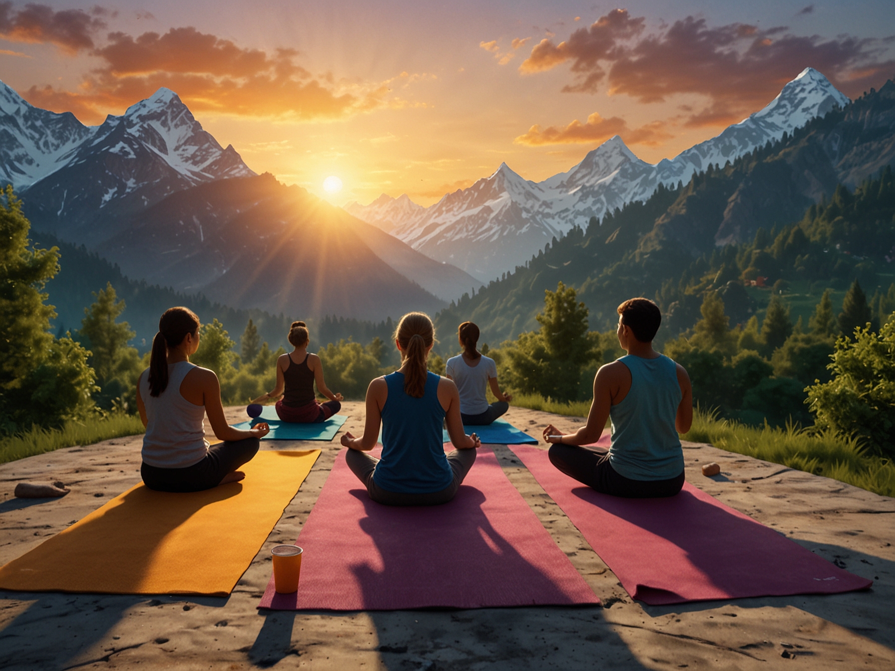 A serene sunrise over the Himalayan peaks, where participants gather on colorful mats, ready to start their day with yoga, surrounded by nature's beauty.