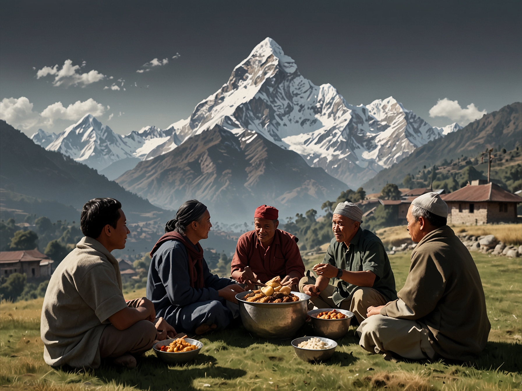 Participants enjoying a traditional Nepali meal, seated outdoors with a backdrop of majestic mountains, fostering a sense of community and mindfulness.