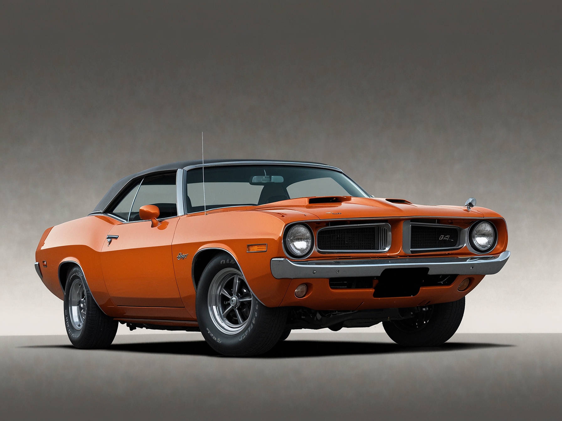 A stunning side view of the restored 1971 Plymouth Barracuda 340 Convertible, showcasing its vibrant Hemi Orange paint and sleek lines against a pristine background, evoking the spirit of the 1970s muscle car era.
