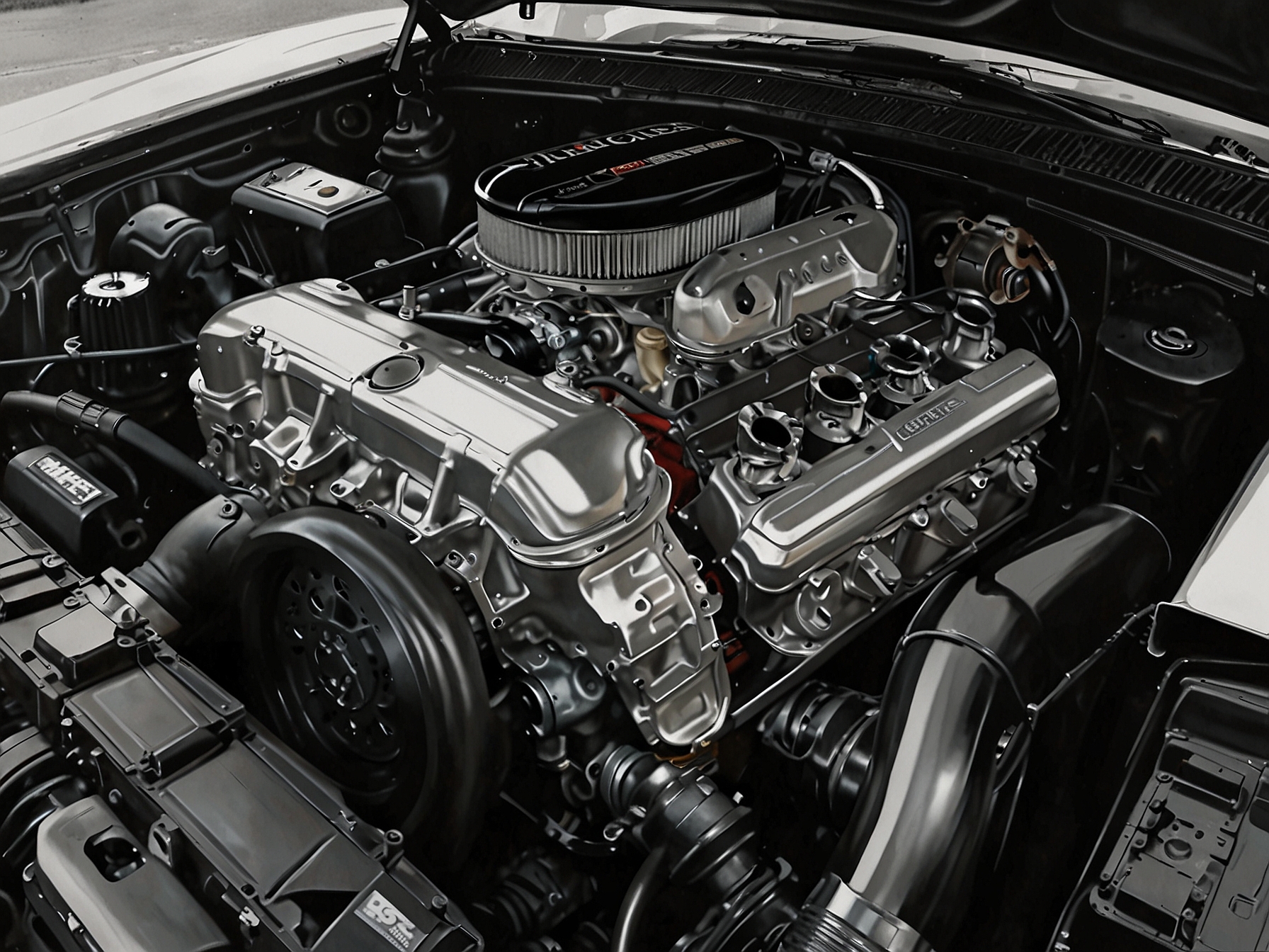 The engine bay of the 1971 Barracuda, featuring the powerful 340 cubic inch V8 engine, glistening with meticulous detailing. This image captures the essence of American muscle and the dedication involved in its restoration.