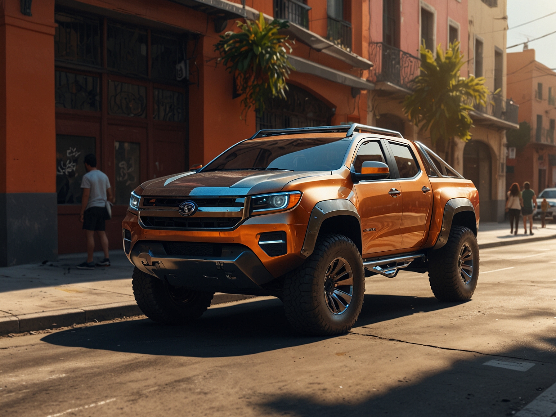 A shiny Cybertruck parked in a vibrant Mexican urban setting, reflecting the sun with its stainless-steel exoskeleton, surrounded by intrigued onlookers.
