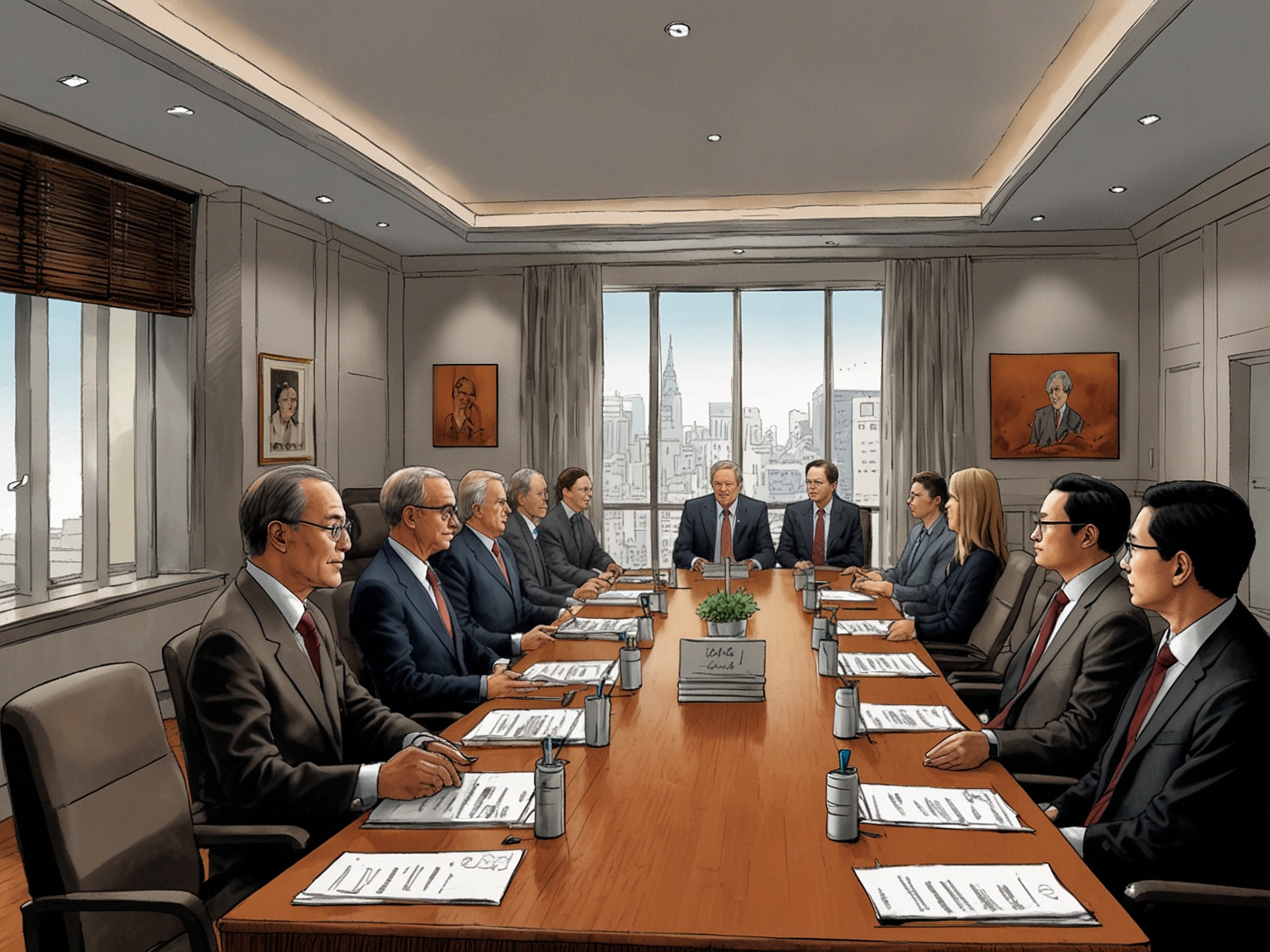 A bustling conference room where shareholders gather for Idavang A/S's Extraordinary General Meeting, reflecting anticipation and the critical dialogue ahead.