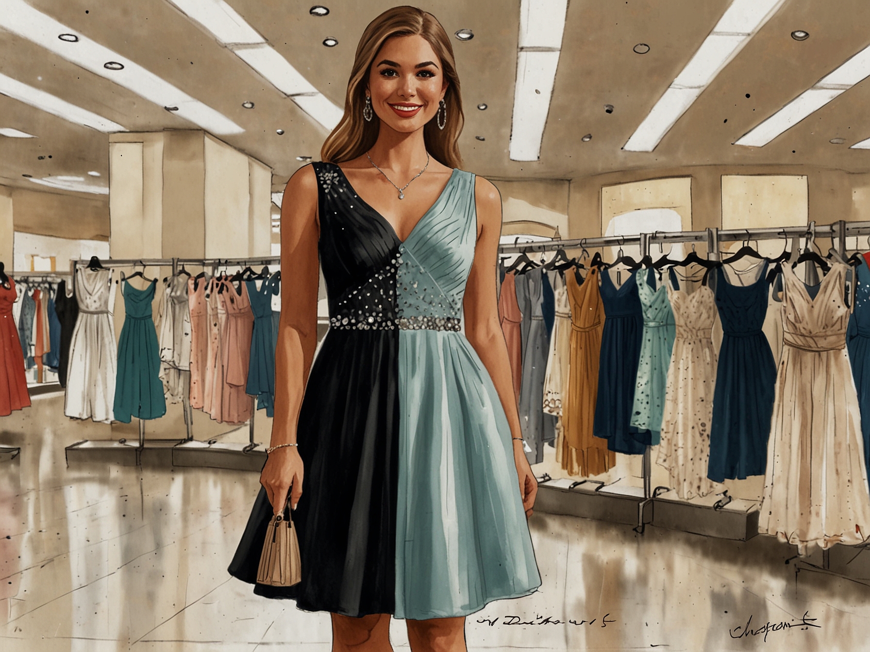 An elegant display of Lulus dresses and accessories showcased in a Dillard's store, attracting the attention of excited shoppers during the Homecoming season.