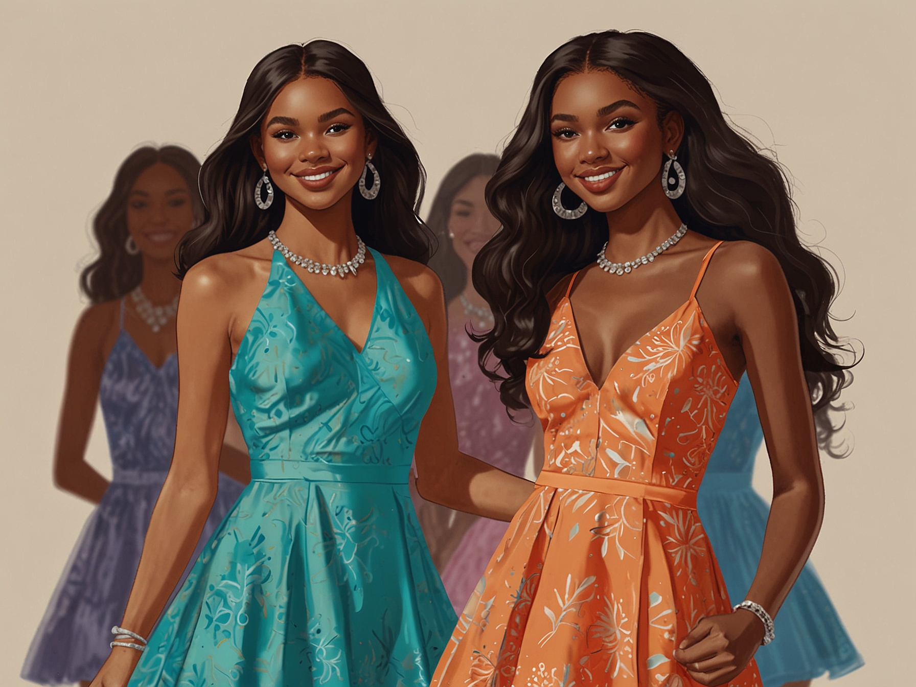 A group of teenagers in vibrant Lulus dresses enjoying a Homecoming dance, showcasing the stylish and confident looks made possible by the new partnership with Dillard's.