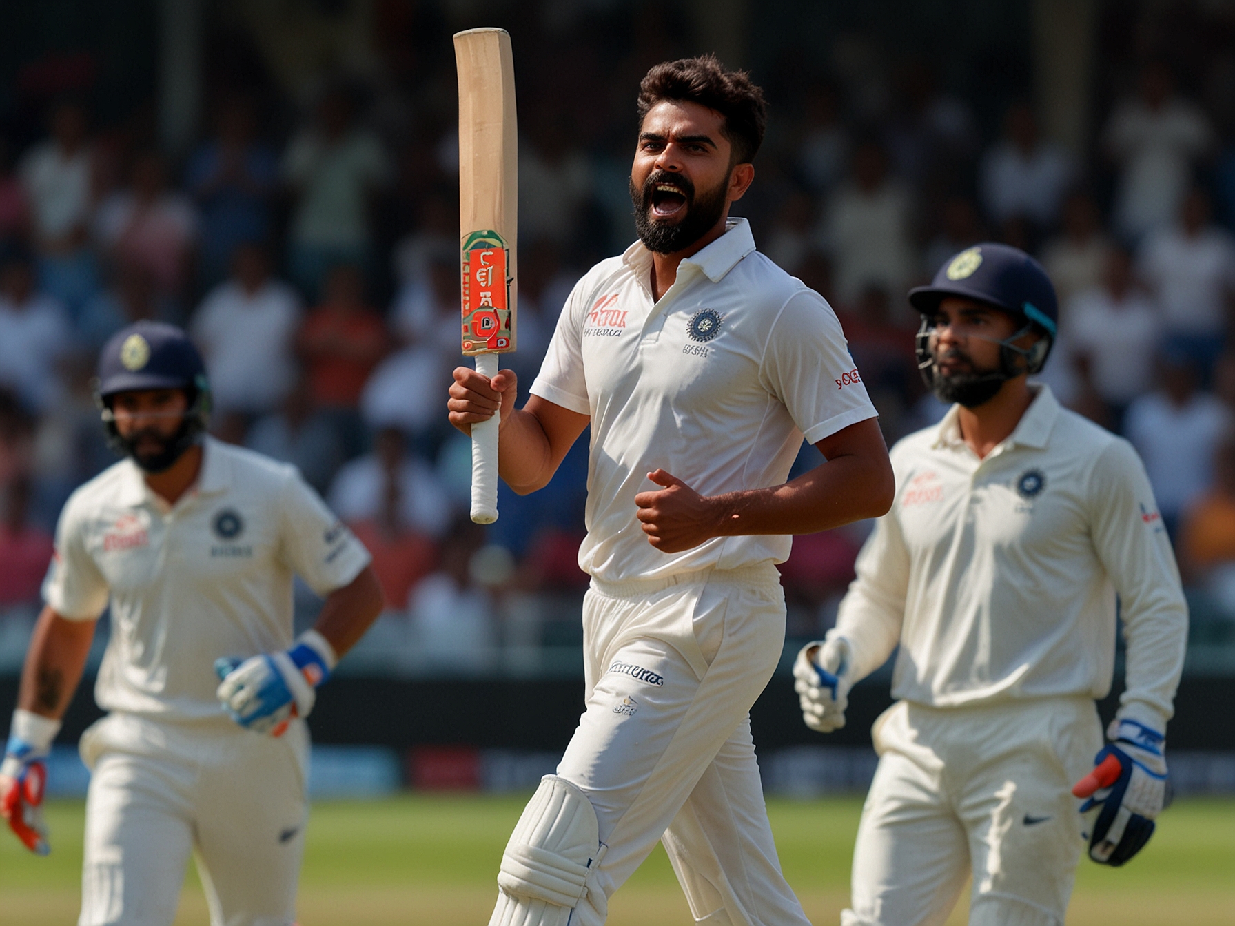 Ravindra Jadeja celebrates after successfully dismissing Kohli, showcasing the competitive spirit and camaraderie among teammates during their intense practice.