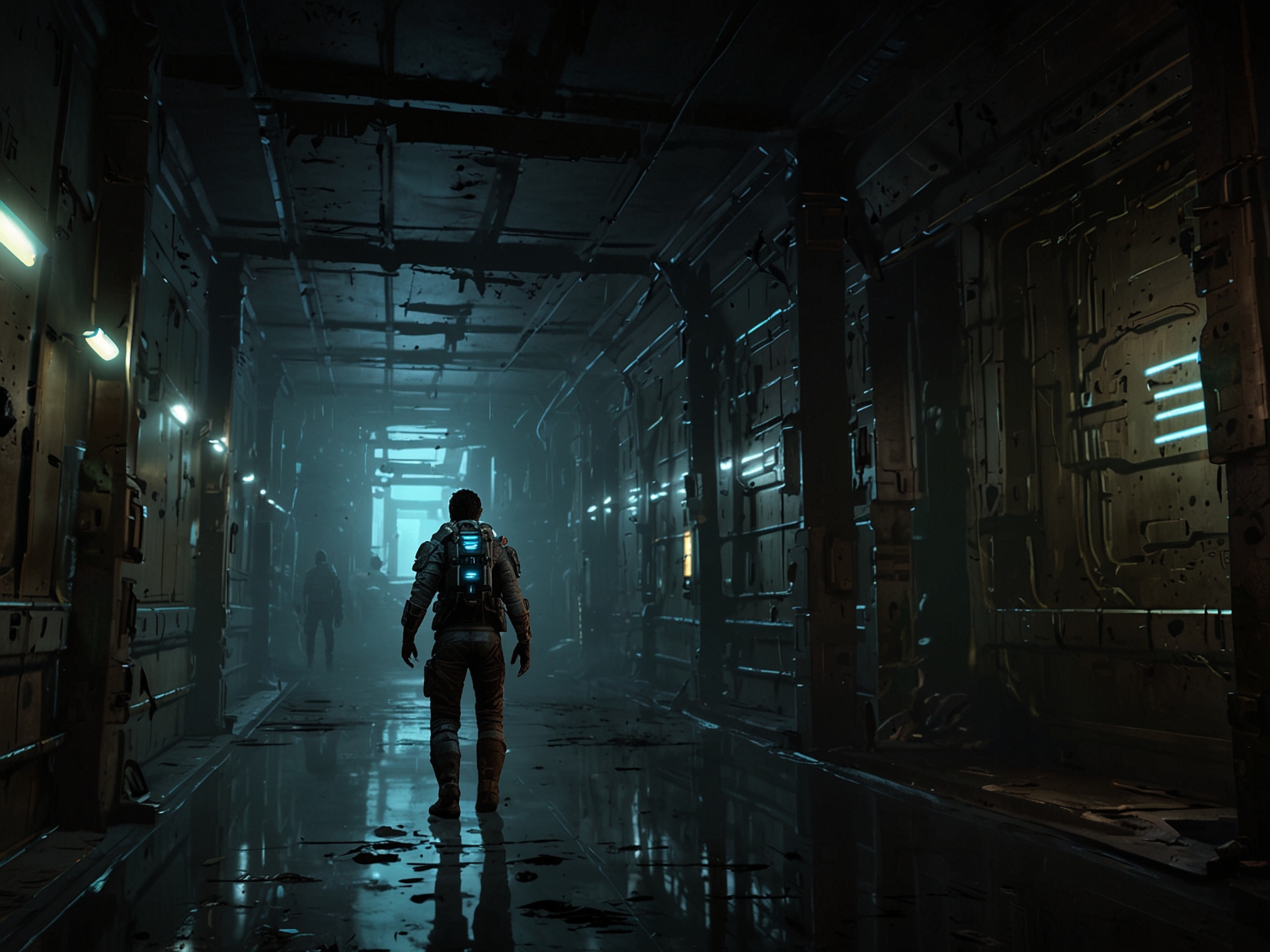 A haunting scene from the Dead Space remake, depicting Isaac Clarke navigating the dimly lit corridors of the USG Ishimura, where eerie shadows suggest lurking dangers.