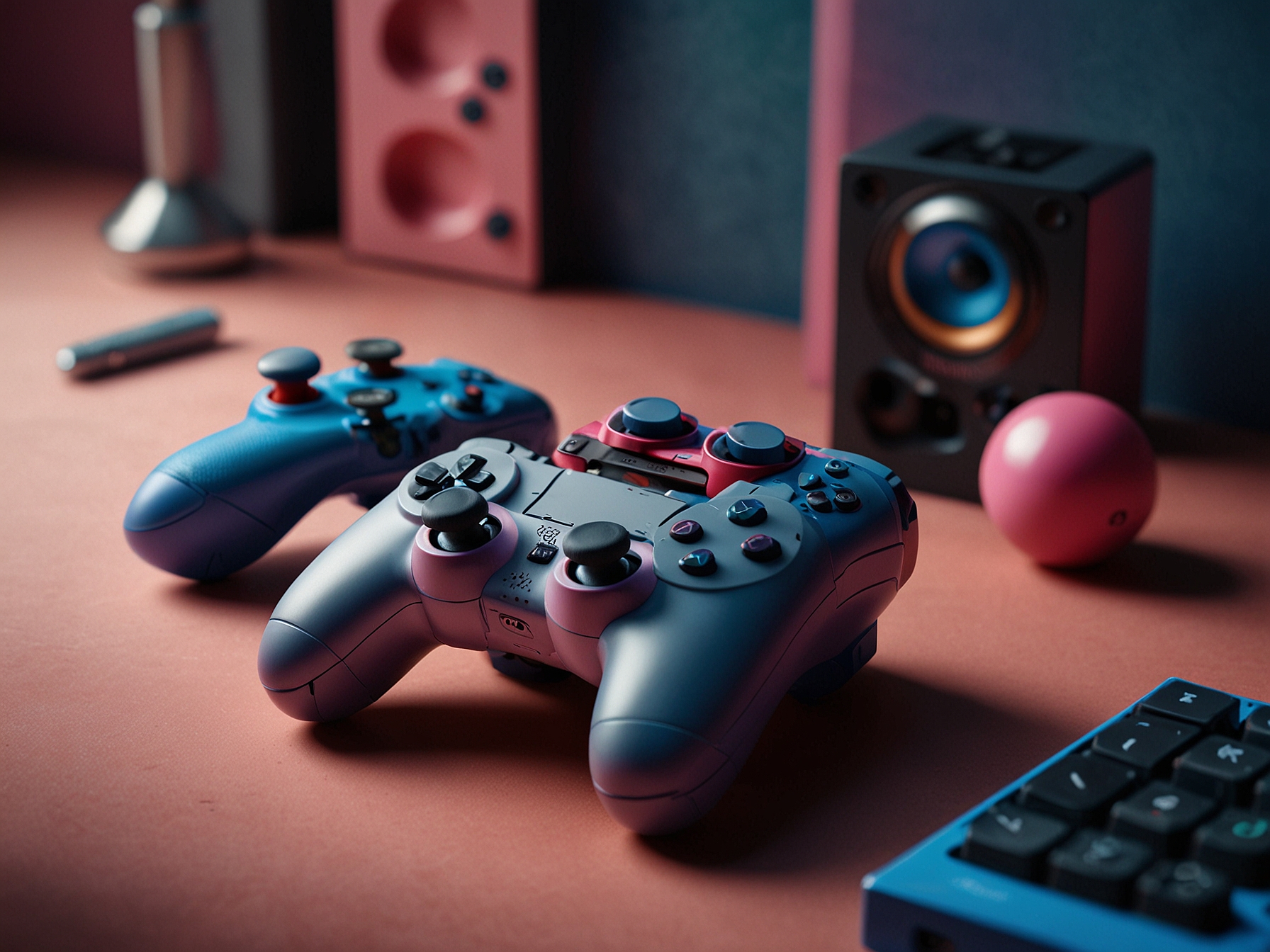 A vibrant image showcasing the new Chroma controllers, featuring chic pinks and blues, set against a stylish gaming setup that highlights Sony's flair for innovation.