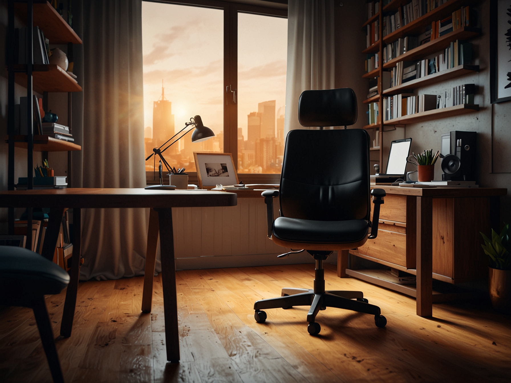 A stylish home office setup featuring a sleek ergonomic chair and a modern wooden desk illuminated by a warm glow, showcasing productivity and comfort in a vibrant atmosphere.