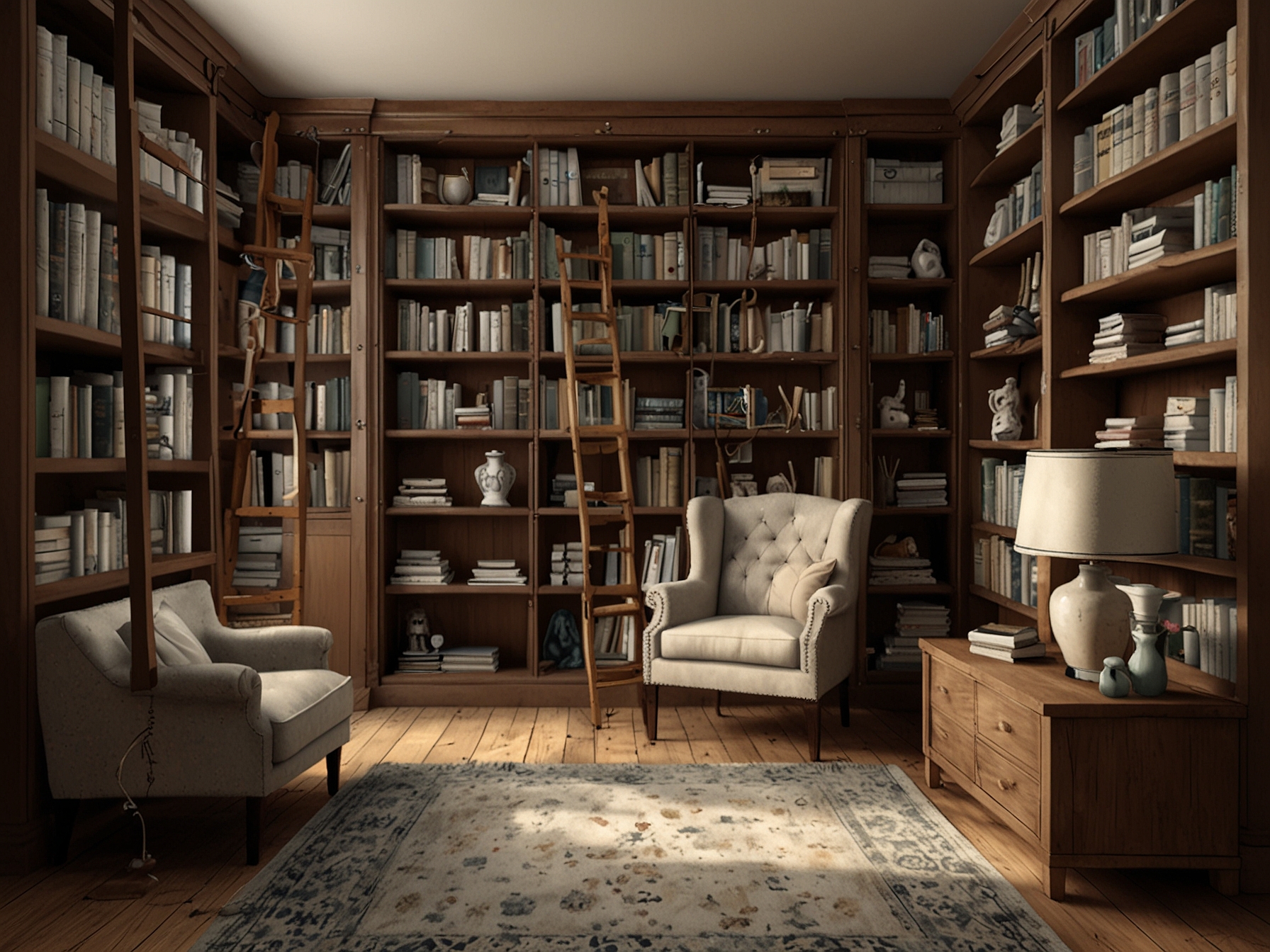 A cozy corner showcasing elegant bookshelves filled with books and decorative items, symbolizing organization and creativity, perfect for a home office transformation.
