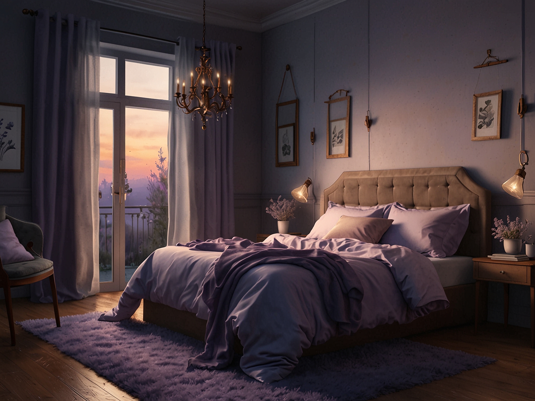 An inviting bedroom with soft lighting, a neatly made bed surrounded by lavender-scented candles, illustrating a tranquil sleep sanctuary.