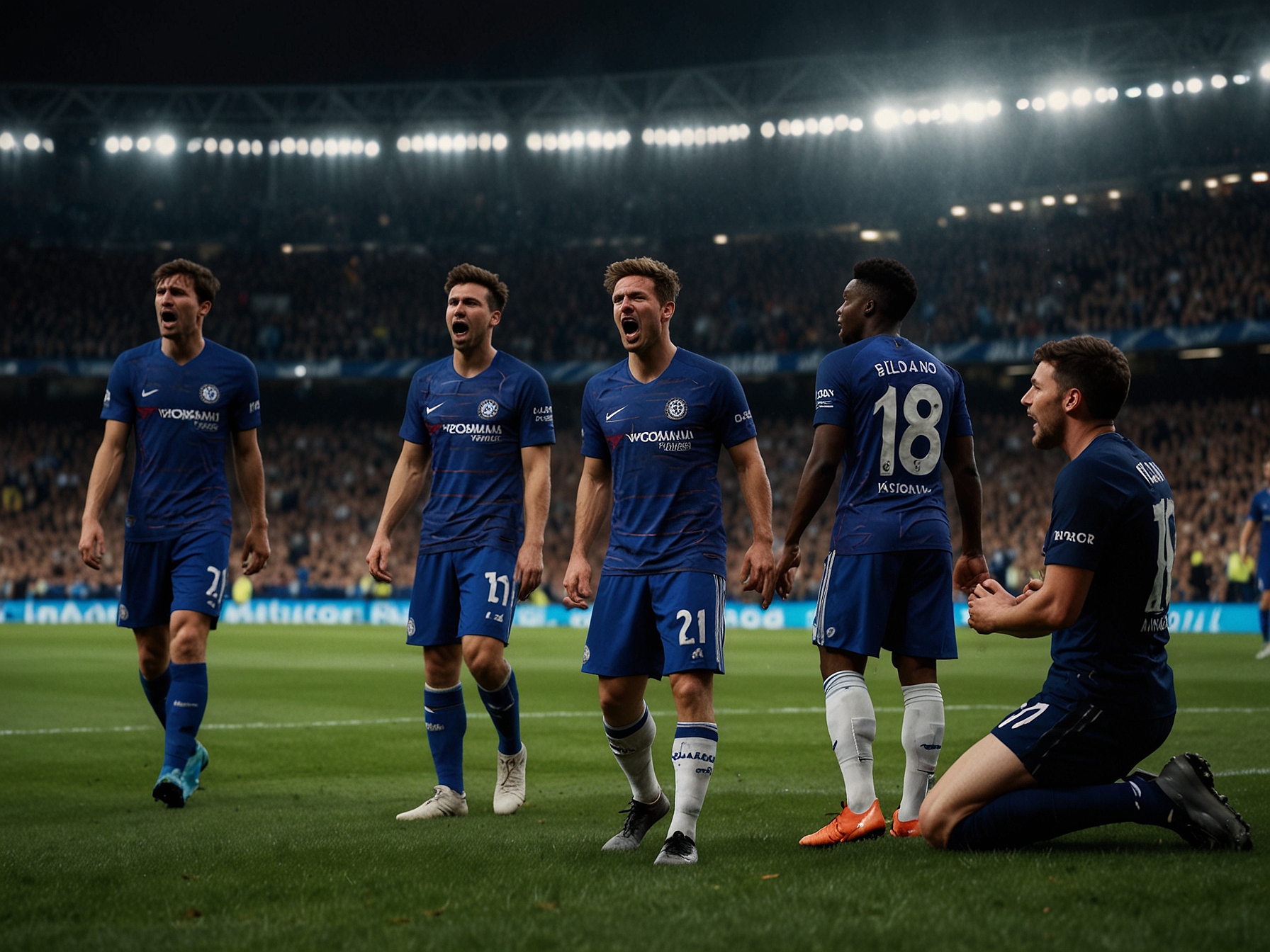 A dramatic scene of Chelsea players in disbelief on the pitch after the final whistle, capturing the raw emotions of heartbreak and frustration following their loss to Barcelona.