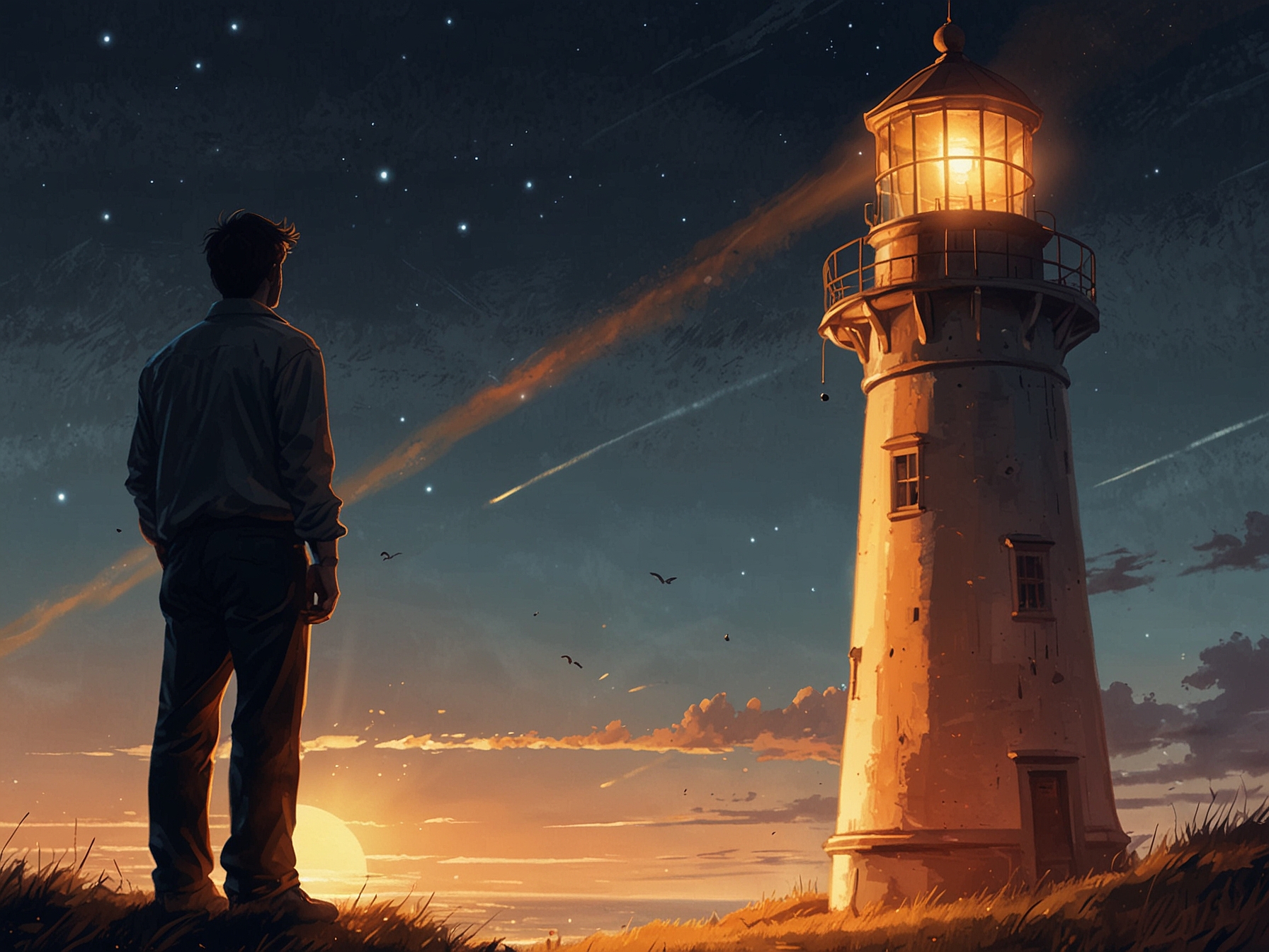 A person gazing thoughtfully at a glowing lighthouse in the distance, symbolizing hope and opportunities emerging from uncertainty in personal and career life.