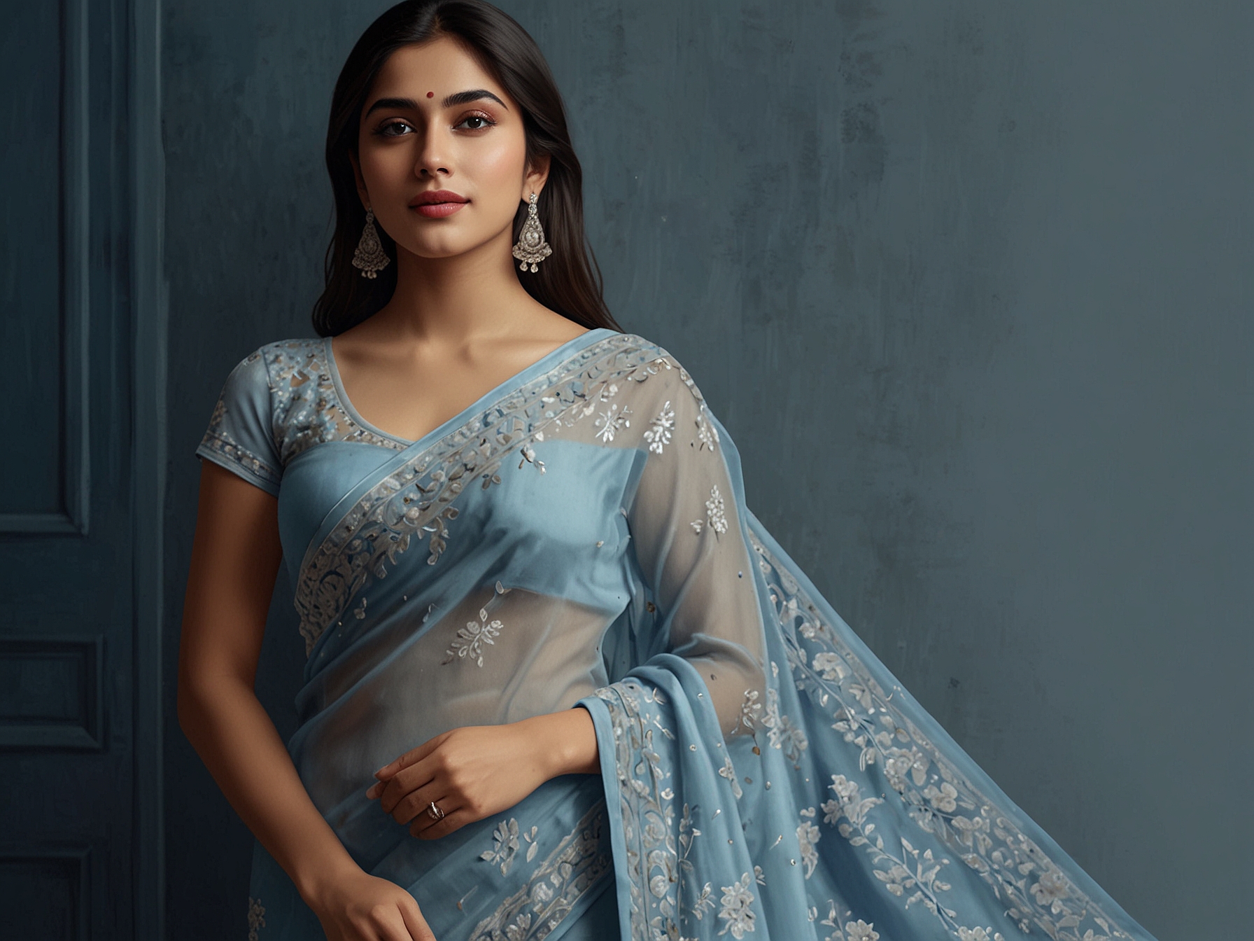 Navya Naveli Nanda gracefully poses in a breathtaking powder blue saree, the intricate embroidery illuminated by soft evening lights, highlighting her timeless elegance.