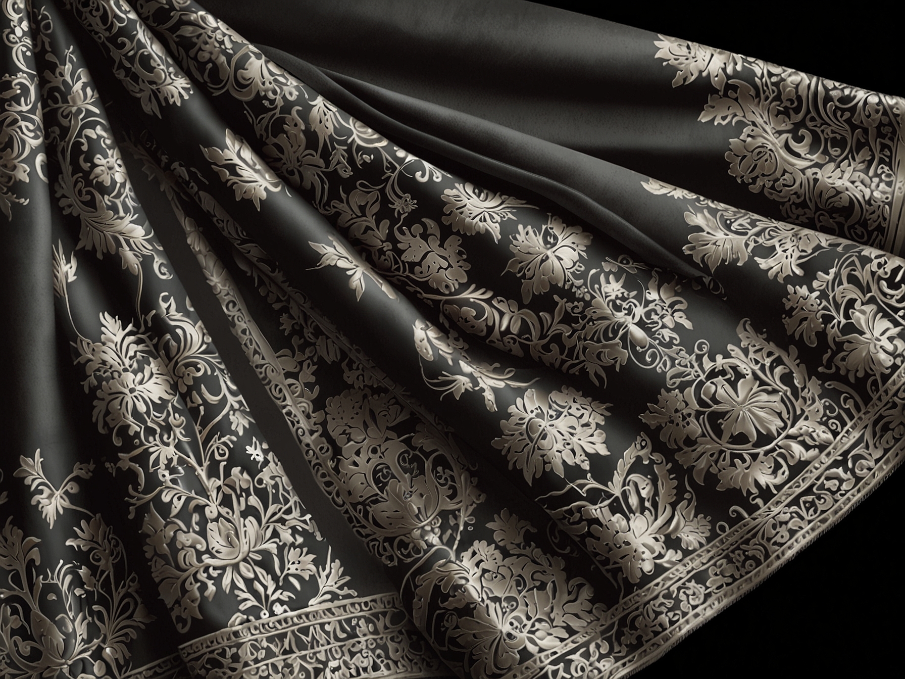 A close-up of the stunning saree's intricate details, showcasing the delicate embroidery that captures the essence of modern royalty and traditional craftsmanship.