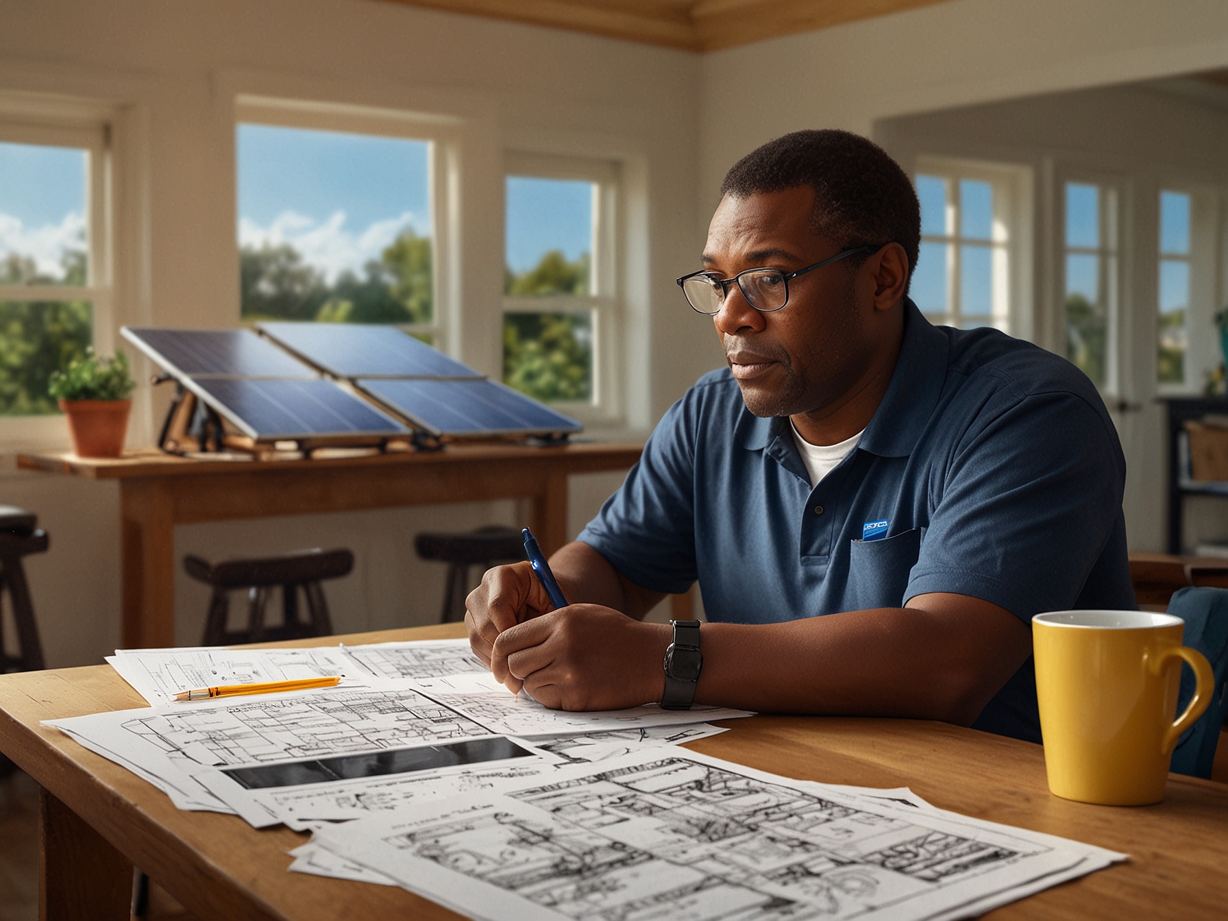 A homeowner reviewing financial options for solar energy installations at a workshop, illustrating the support and education available for adopting solar power.