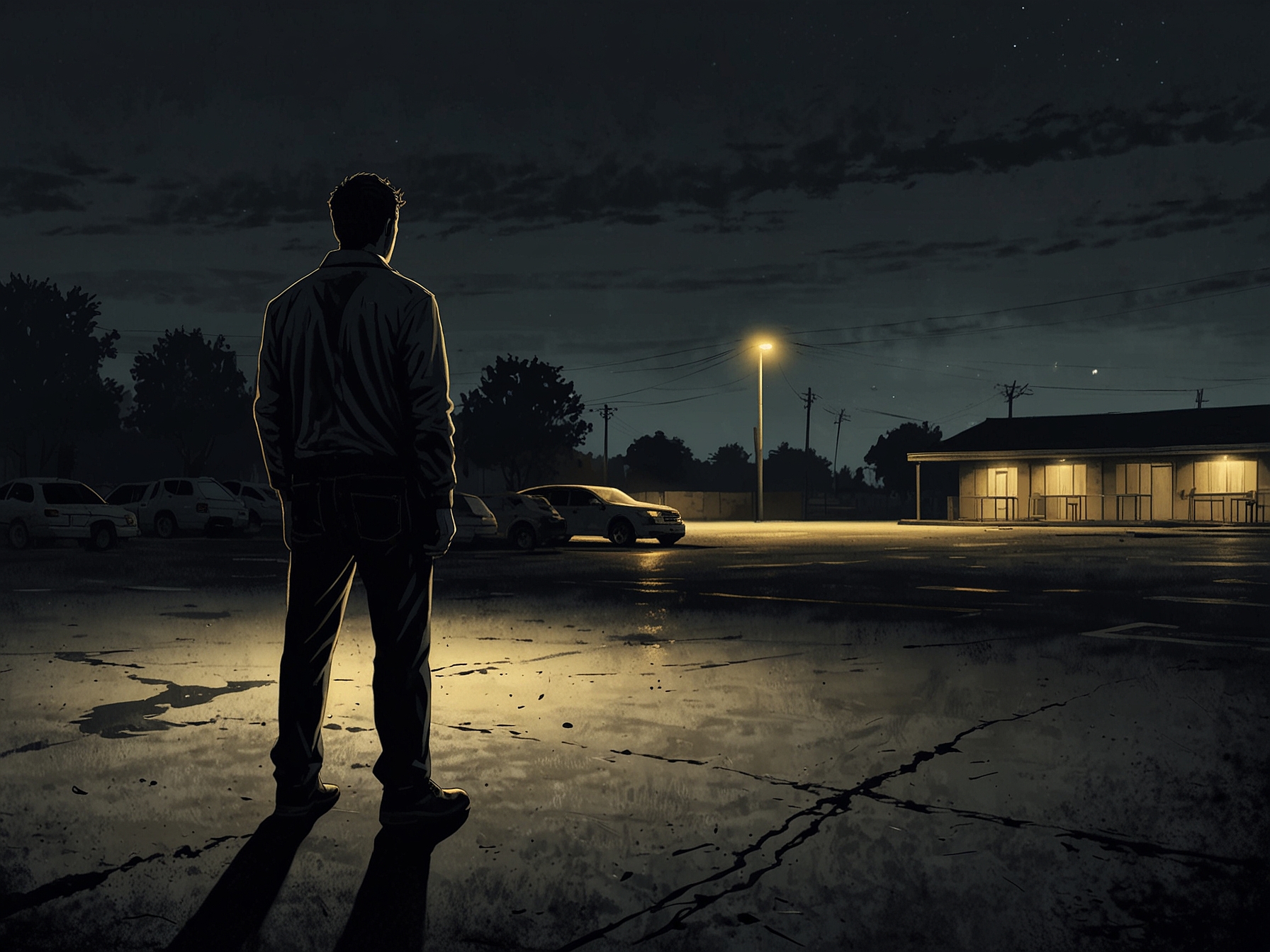 An eerie nighttime scene showcasing an empty parking lot with faint shadows, hinting at a concealed figure lingering near a parked car, capturing the essence of mystery.
