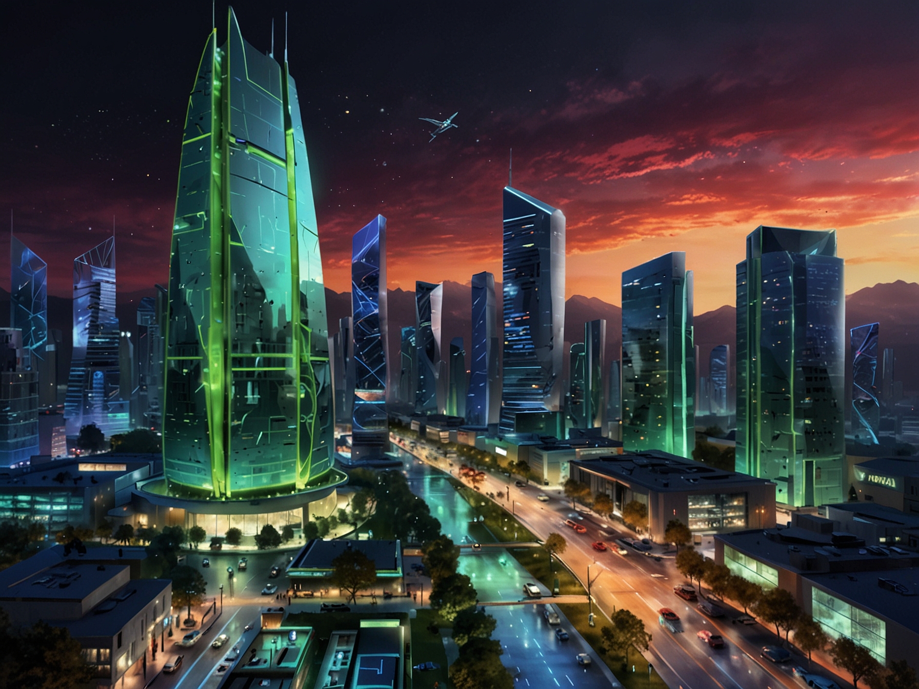 A futuristic illustration showing a vibrant city powered by AI technologies, featuring NVIDIA's GPUs at the core of various innovative applications like autonomous vehicles and smart homes.