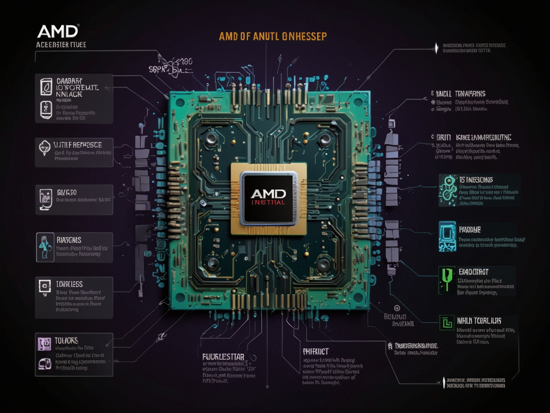 An engaging infographic depicting AMD's latest chip architecture innovations, showcasing its strategic partnerships and diverse applications across gaming and AI, emphasizing its growth trajectory.