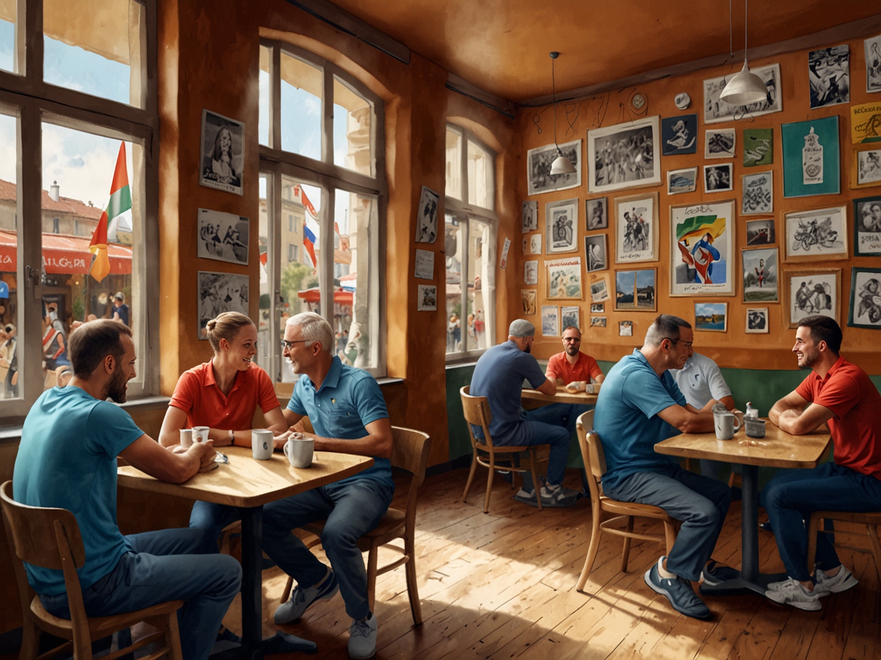 A vibrant local café packed with enthusiastic fans discussing the upcoming 2024 Road World Championships, adorned with posters of Pogačar and Roglič, showcasing national pride.