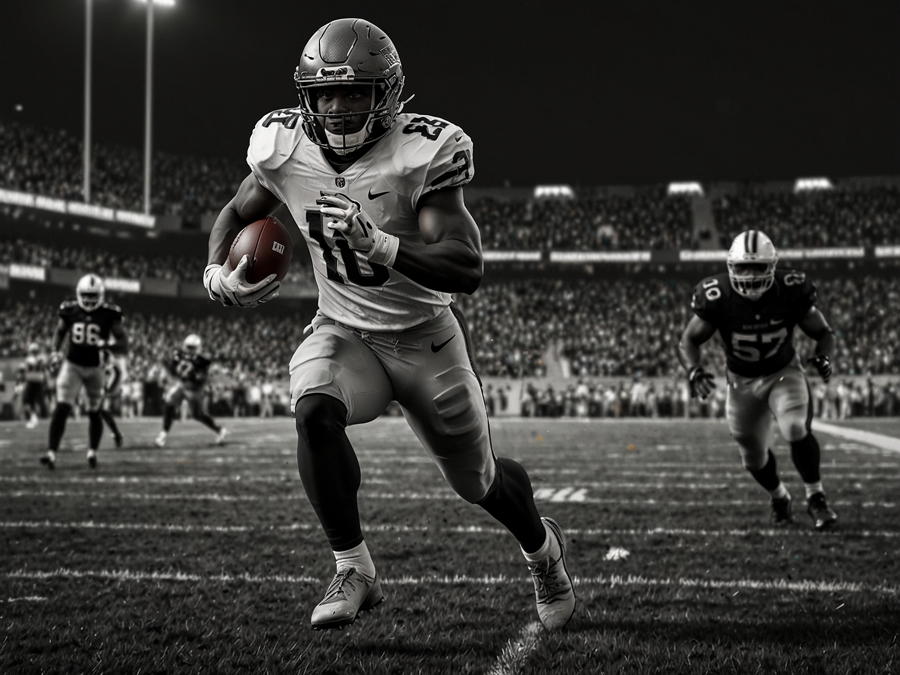 An action shot of Bryson Daily sprinting towards the end zone, weaving through defenders with determination, showcasing his unmatched agility and speed as he scores a touchdown.