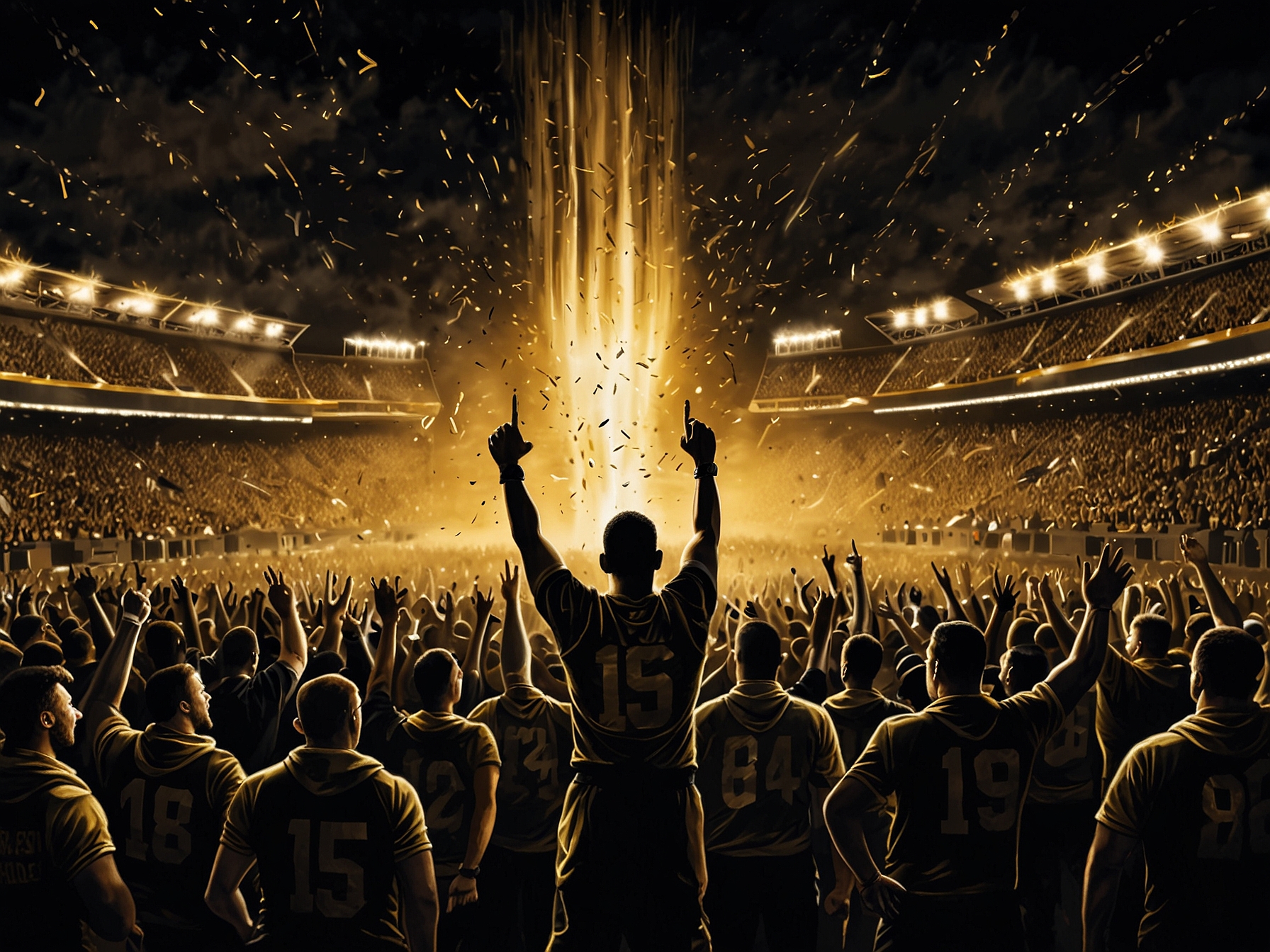 A jubilant crowd clad in black and gold celebrates Army's victory, with fans holding banners and chanting, encapsulating the electric atmosphere at Lincoln Financial Field.