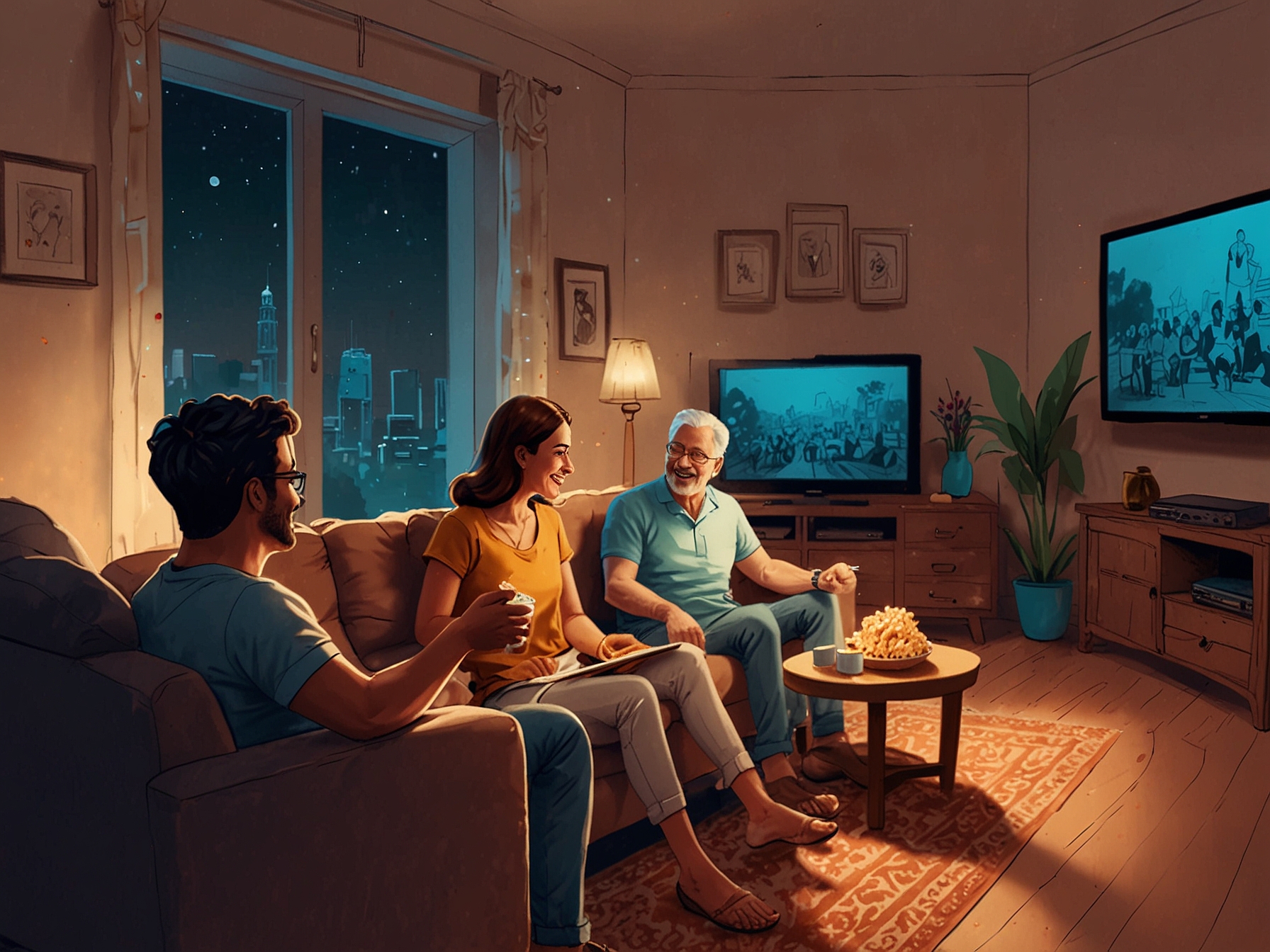 A vibrant illustration of a family gathered around a stunning new TV, enjoying a movie night, with popcorn and drinks, capturing the joy of their Amazon Great Indian Festival purchase.
