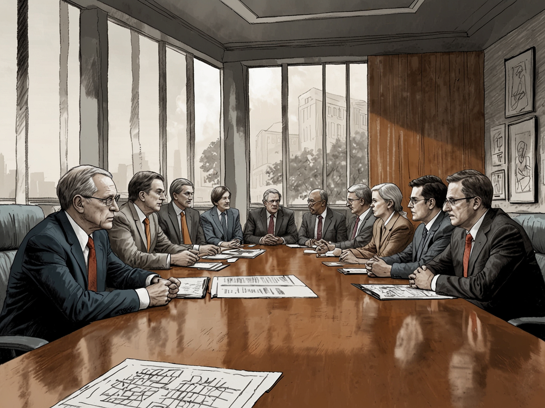 An illustration depicting a tense boardroom meeting between representatives from Arm and Intel, symbolizing the high-stakes nature of their potential acquisition discussion.