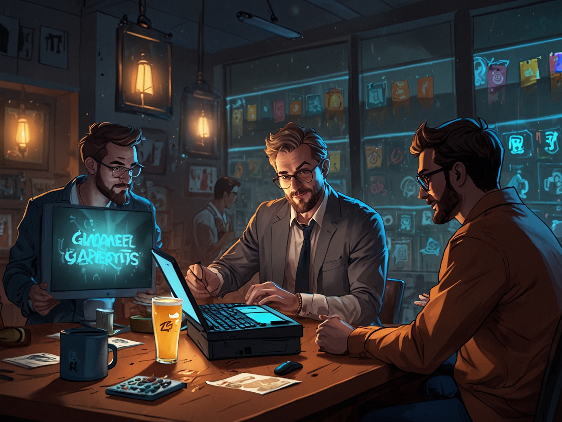An illustration of players exchanging tips and strategies in a lively online forum, surrounded by images of loot boxes and in-game rewards.