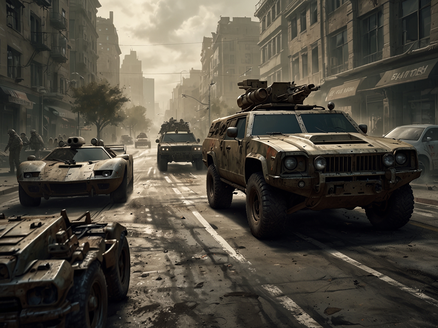 A depiction of various vehicles used in the game, showcasing cars, bikes, and trucks, emphasizing their role in strategic gameplay and mobility during battles.