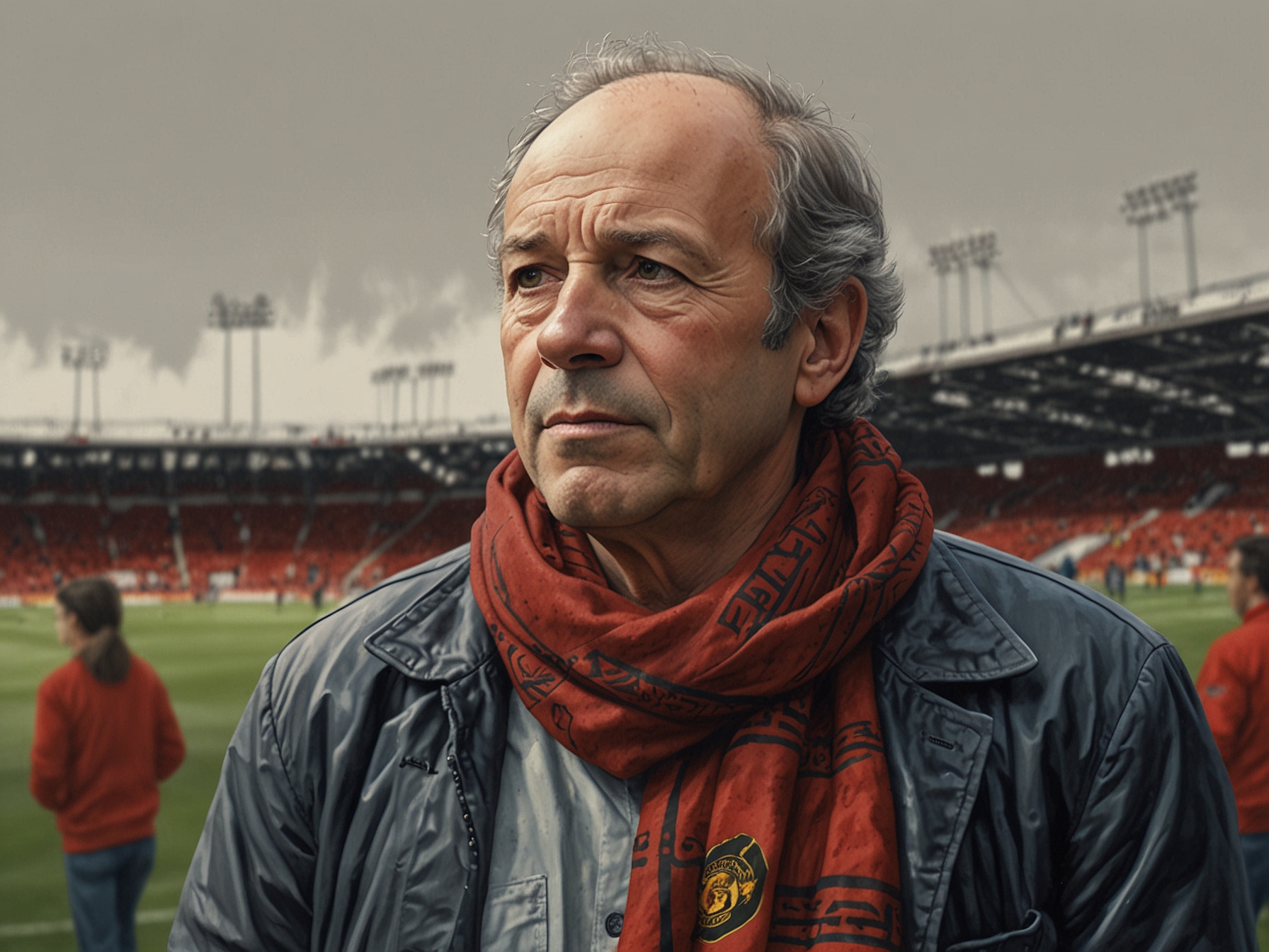 A vivid illustration of Larry Tanenbaum standing at a bustling soccer stadium, wearing a vintage Manchester United scarf, contemplating the thrill of owning a premier league club.