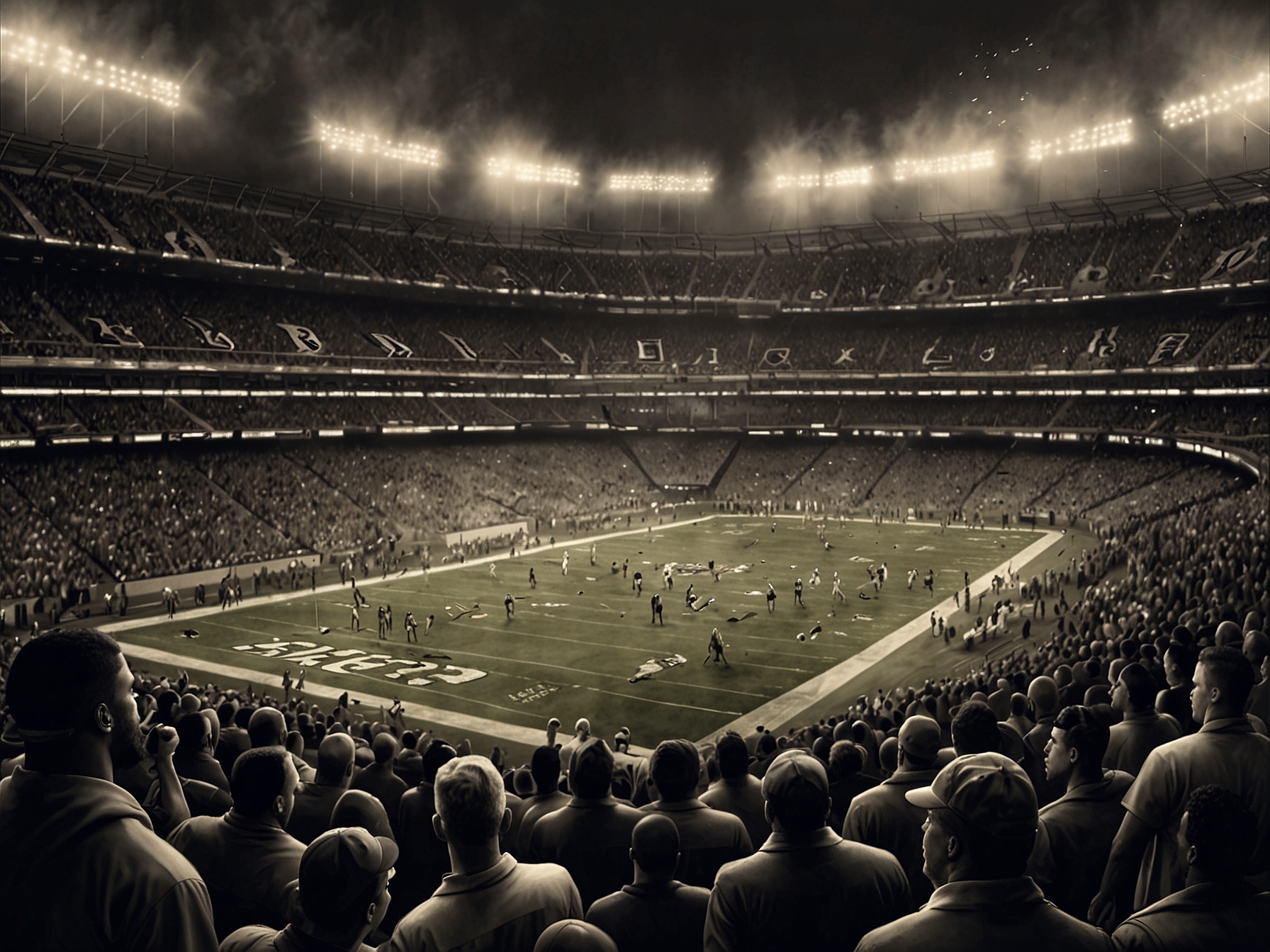 An engaging scene showing an NFL stadium filled with fans, emphasizing the excitement of American football, depicting Tanenbaum considering investment opportunities in the league.