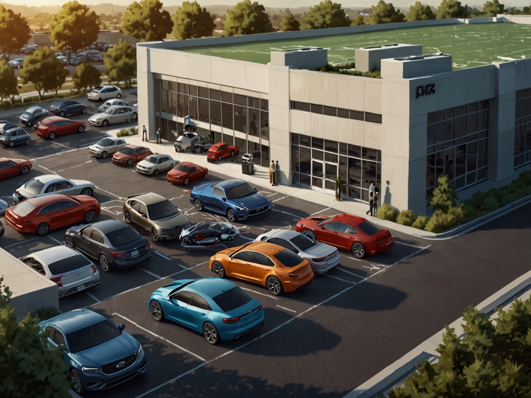 An aerial view of a bustling car dealership lot showcasing a variety of new vehicles, symbolizing the current market trends for the automotive industry during Q3 2023.