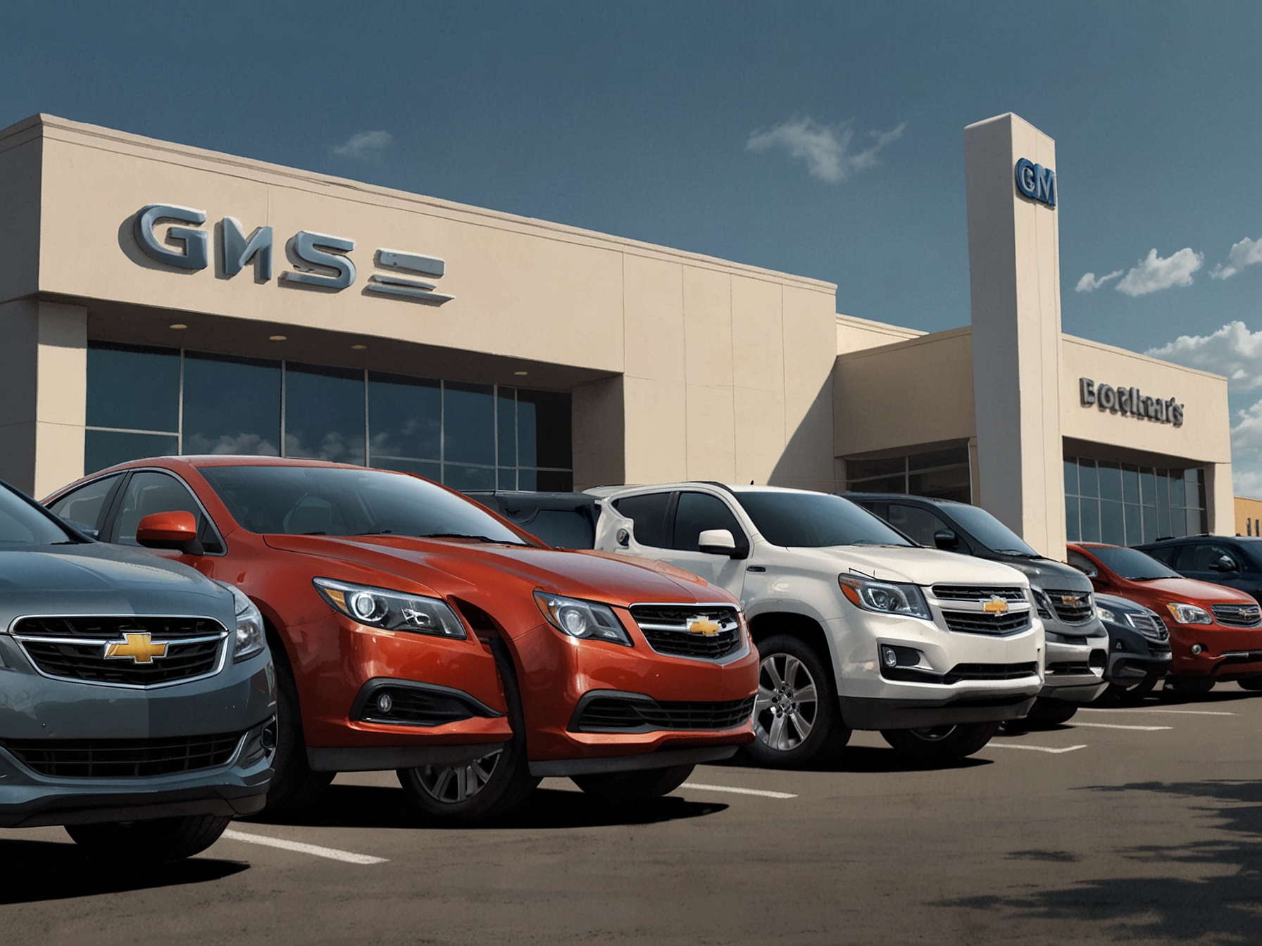 A close-up of a GM dealership sign with shiny new vehicles in the background, representing the brand's resilience amid predicted sales decline in the third quarter.